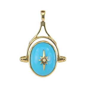 10 Karat Yellow Gold Oval Turquoise Spinning Pendant with Star Overlay