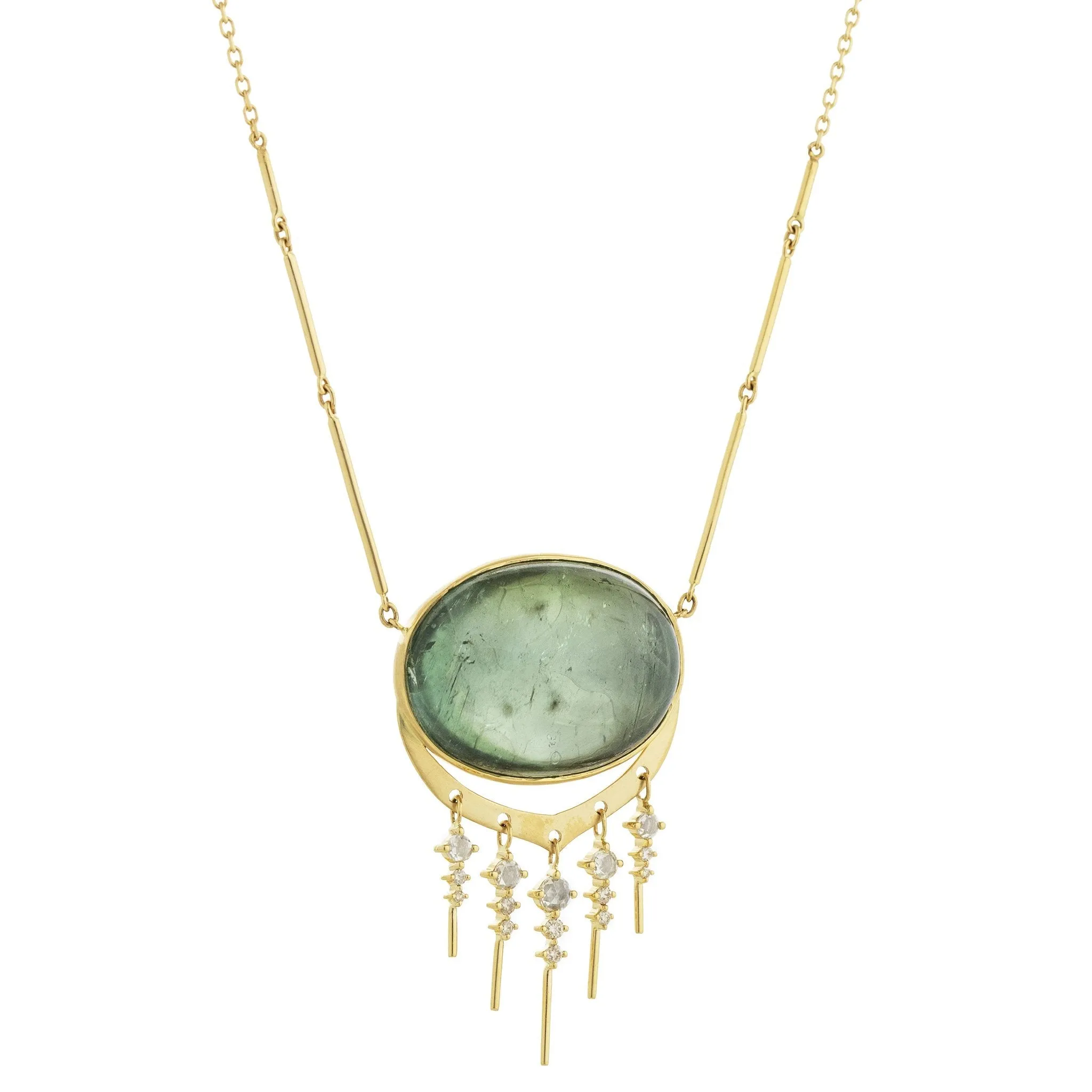 14K Gold Cabochon Oval Green Tourmaline Necklace with Diamond Fringe