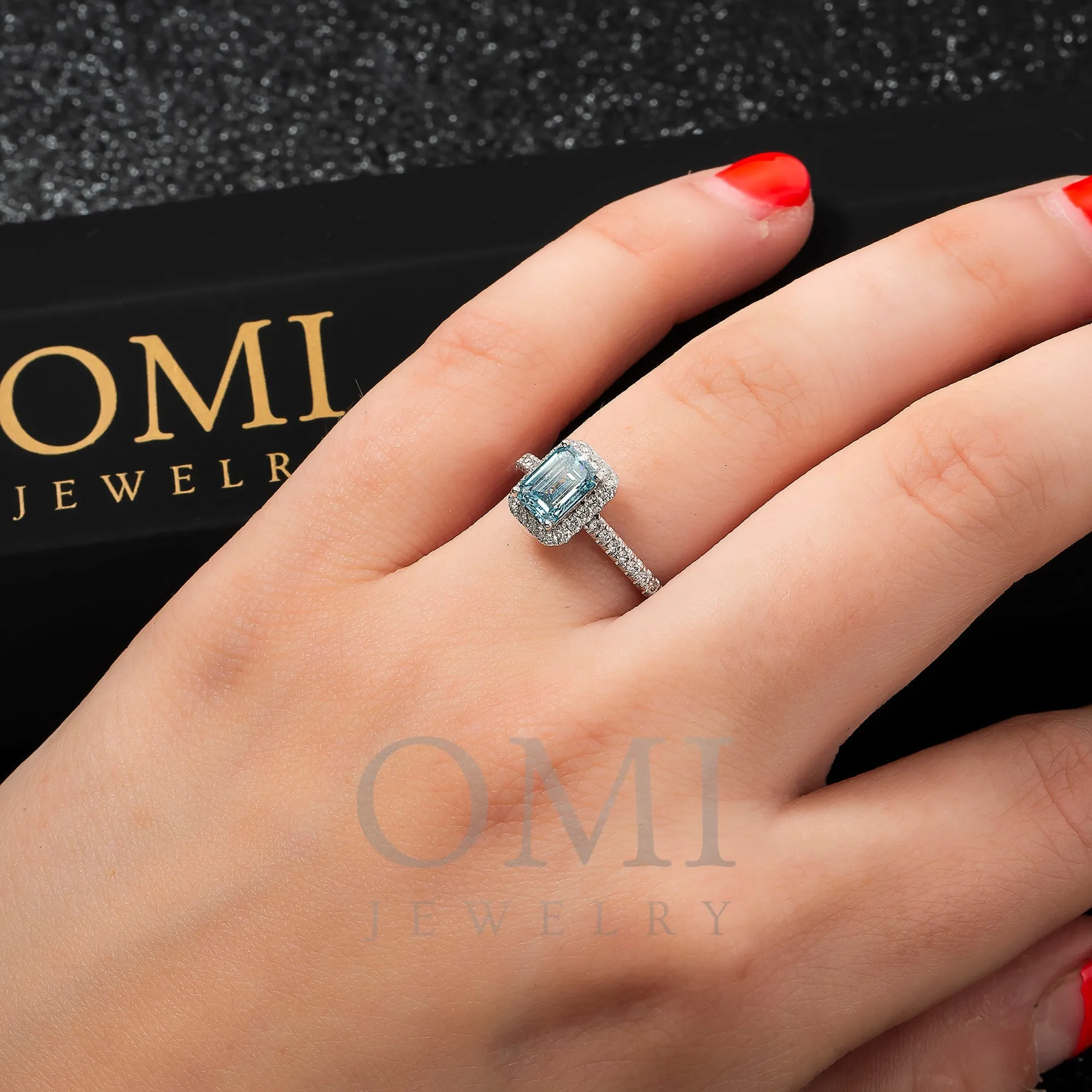 18K GOLD AQUAMARINE LAB DIAMOND RING 1.58 CTW