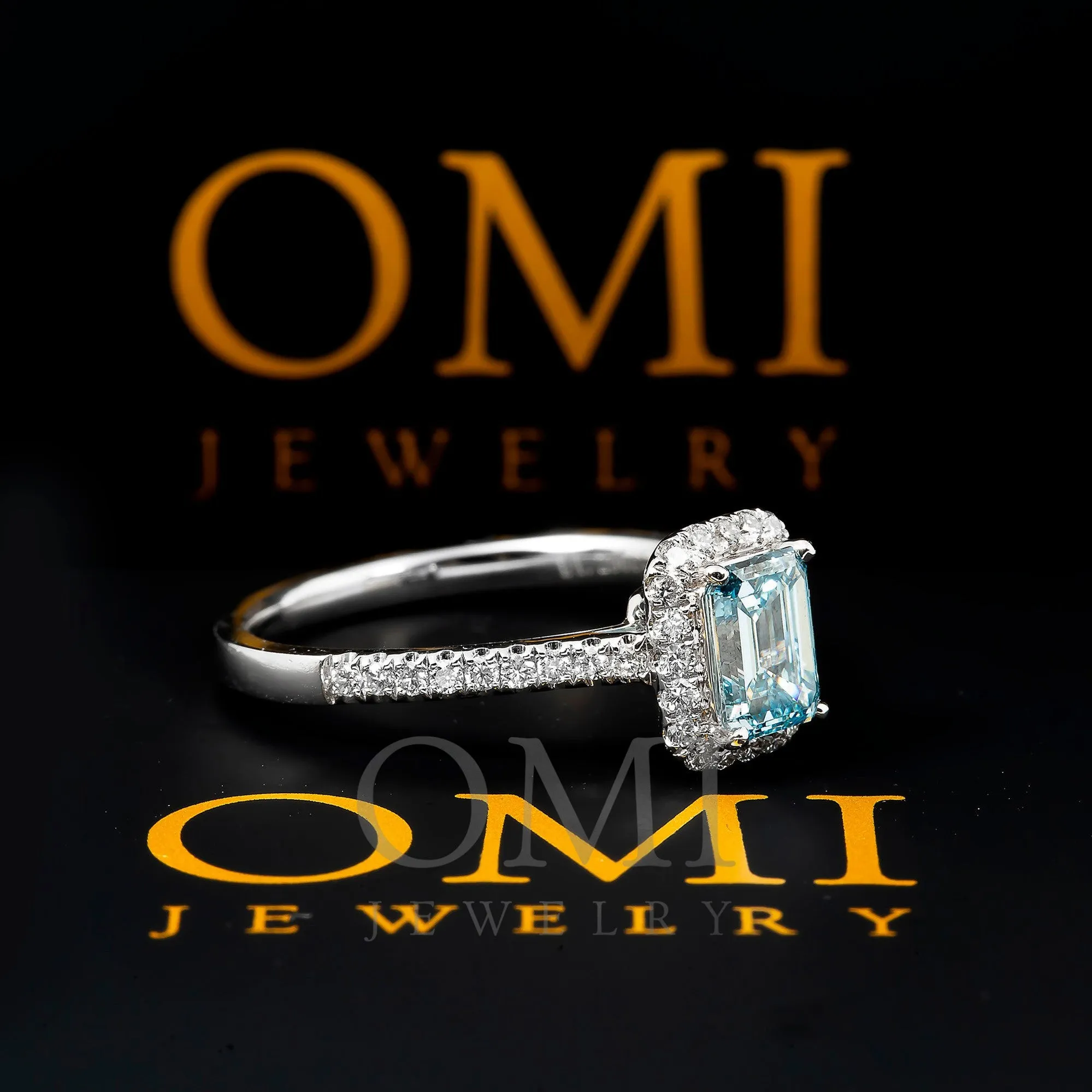 18K GOLD AQUAMARINE LAB DIAMOND RING 1.58 CTW