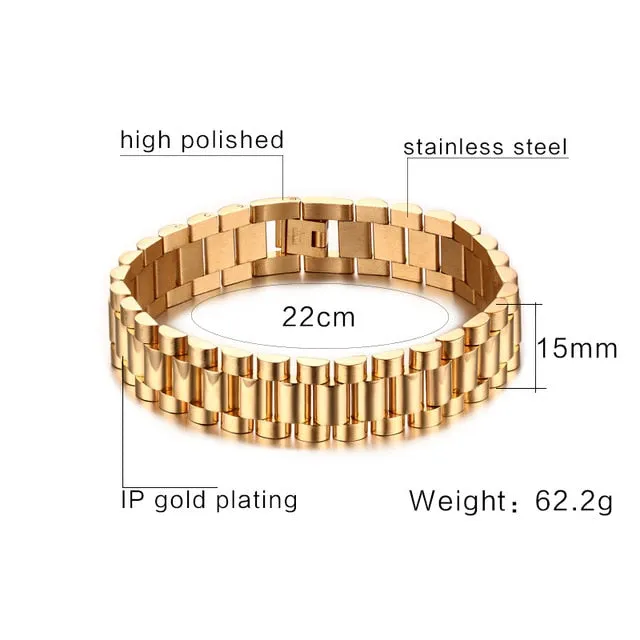 18K IP Gold Stainless Steel Wide Watch Band Link Bracelet