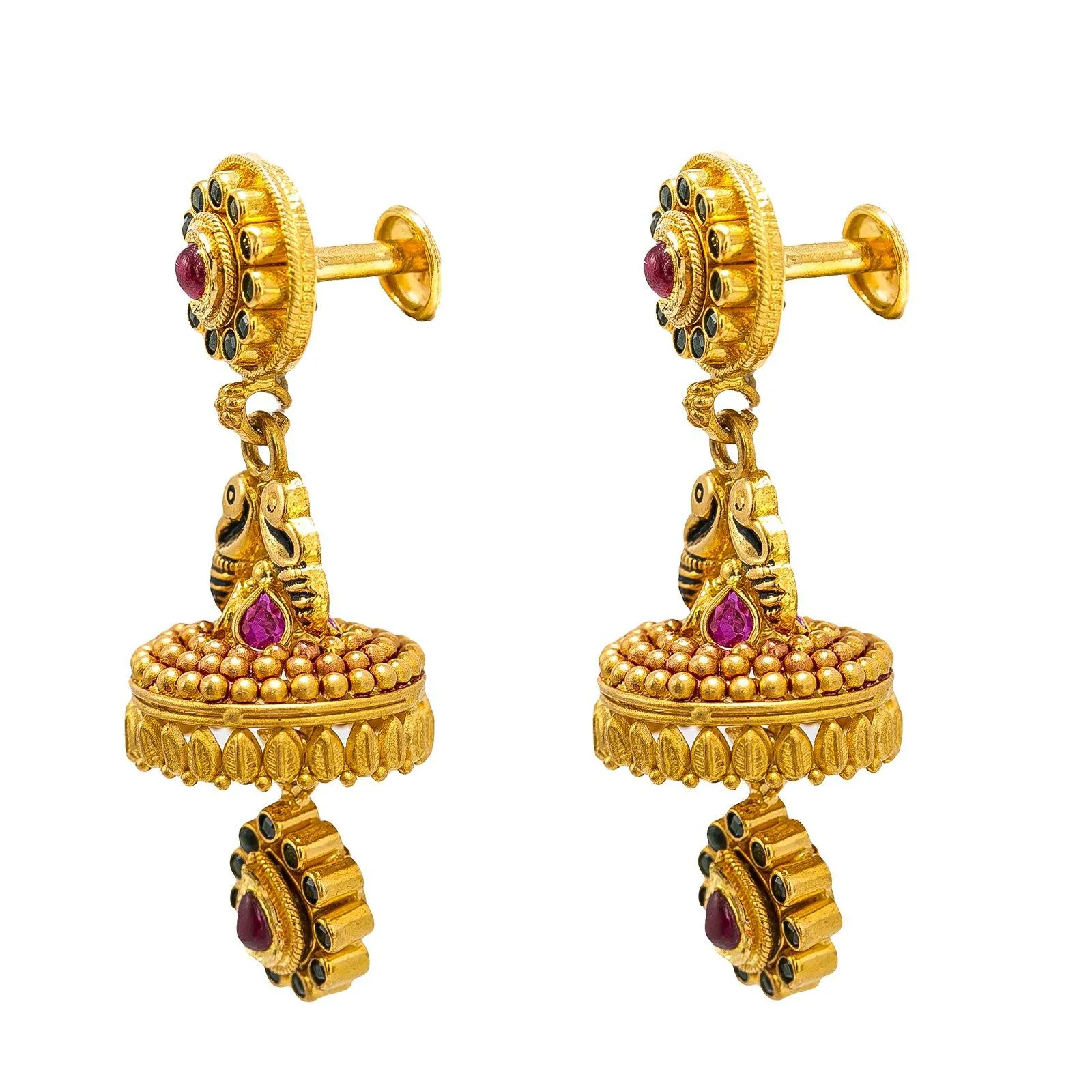 22K Yellow Gold Jumkhi Drop Earrings W/ Rubies, Emeralds & Hand Painted Details