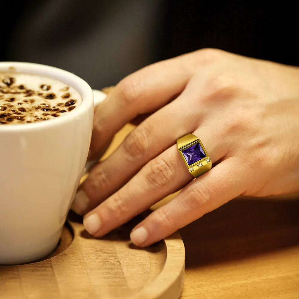 3 Diamond Accents 18K Gold Plated on 925 Solid Silver Mens Purple Amethyst Ring