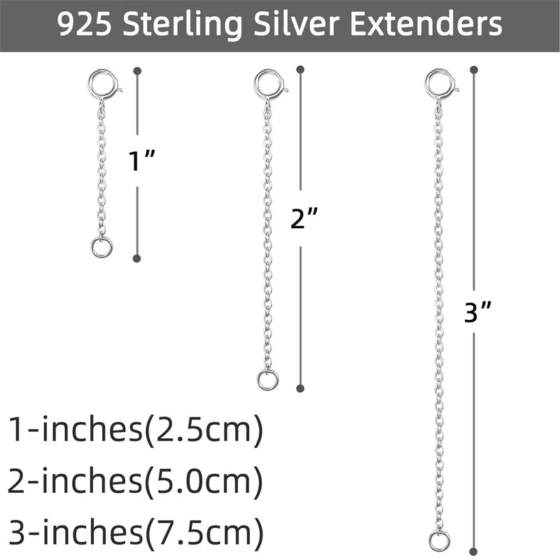 3 Pcs 925 Sterling Silver Necklace Extender Sterling Silver Chain Extenders for Necklaces Bracelet Extender