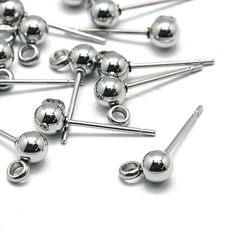 4mm Ball Earrings Posts, 2mm Loop, 0.7mm Pin, 100 Pieces, #1359