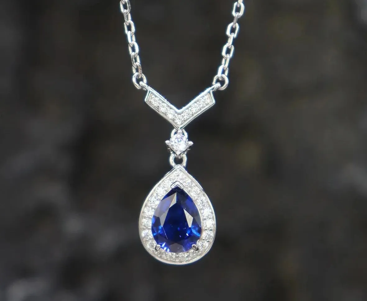 6*8MM Sapphire 925 Sterling Silver Pear Cut Pendant Necklace