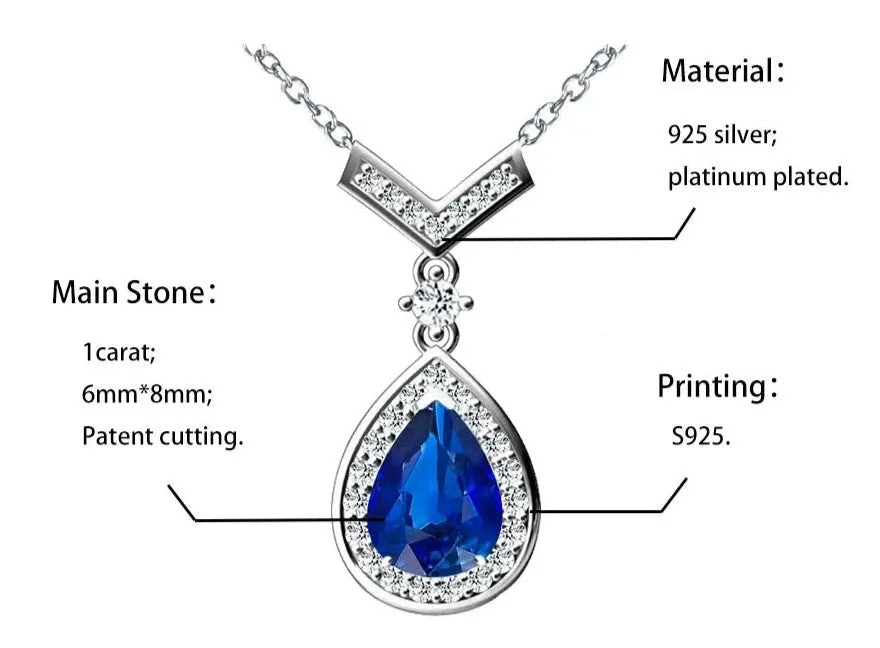 6*8MM Sapphire 925 Sterling Silver Pear Cut Pendant Necklace