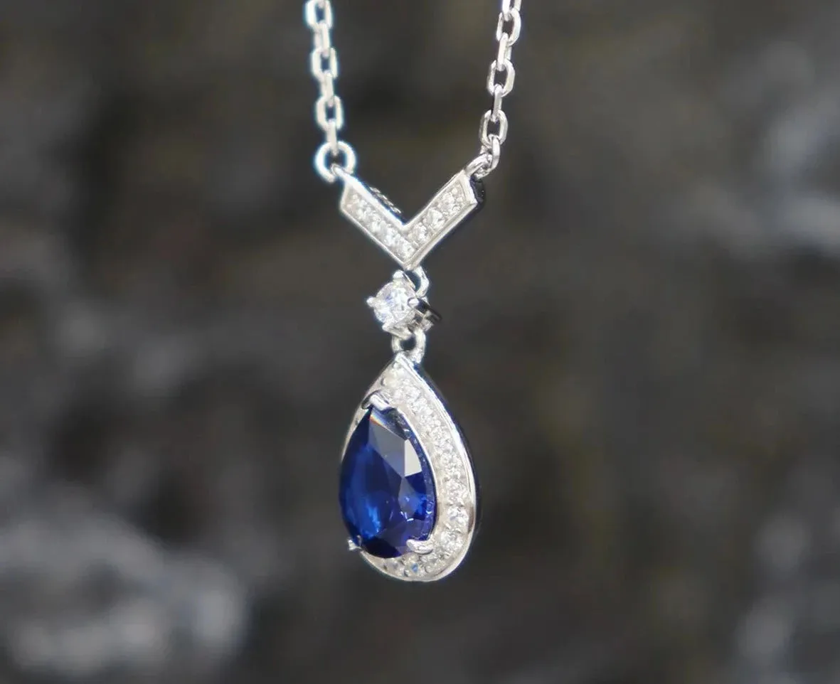 6*8MM Sapphire 925 Sterling Silver Pear Cut Pendant Necklace