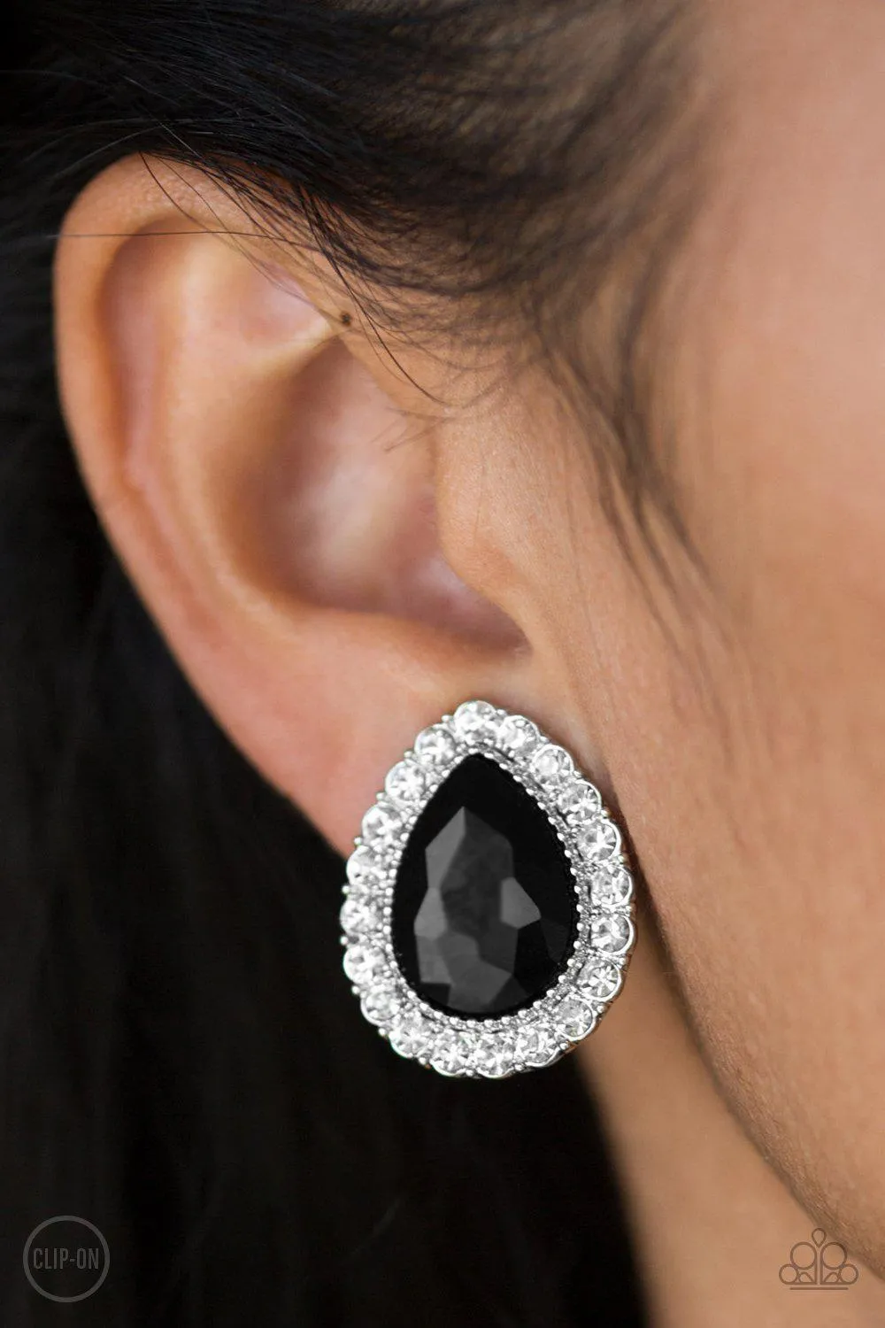 All HAUTE and Bothered Black and White Rhinestone Teardrop Clip-On Earrings - Paparazzi Accessories