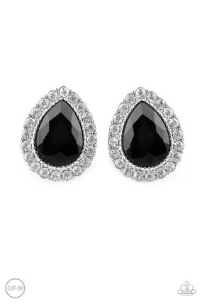 All HAUTE and Bothered Black and White Rhinestone Teardrop Clip-On Earrings - Paparazzi Accessories