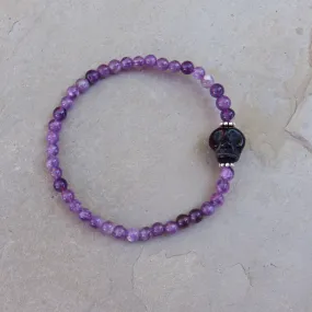 Amethyst gemstone, Onyx Skull, and Sterling Silver Women’s Stertch Bracelet