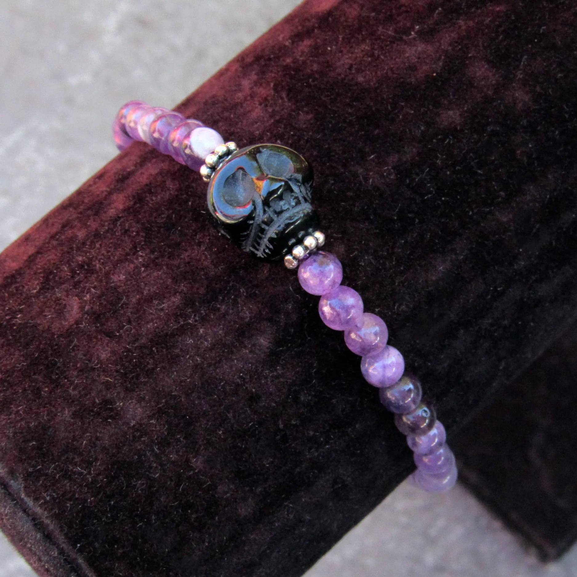 Amethyst gemstone, Onyx Skull, and Sterling Silver Women’s Stertch Bracelet