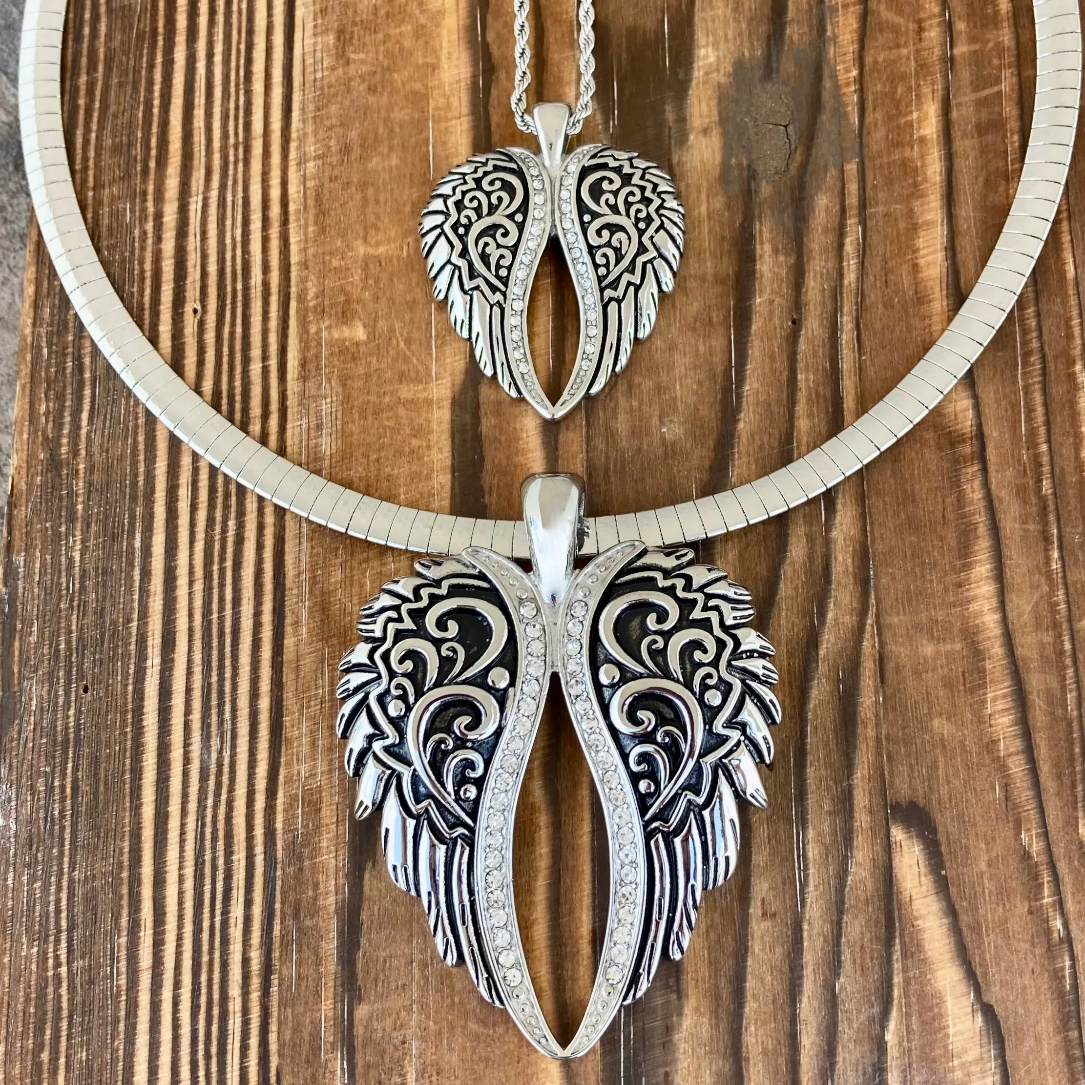 Angel Heart Wings Pendant - Silver Bling Wings - Custom - Rope Necklace - LAP036