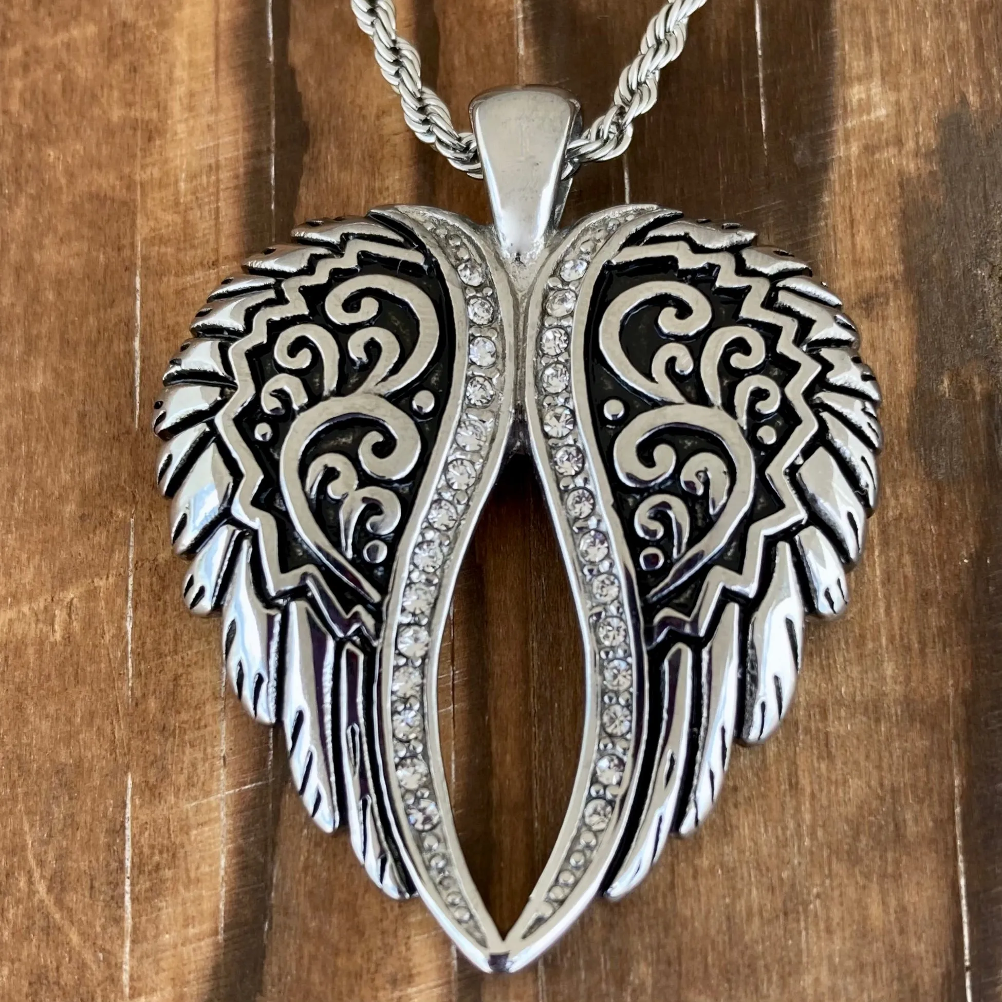 Angel Heart Wings Pendant - Silver Bling Wings - Custom - Rope Necklace - LAP036