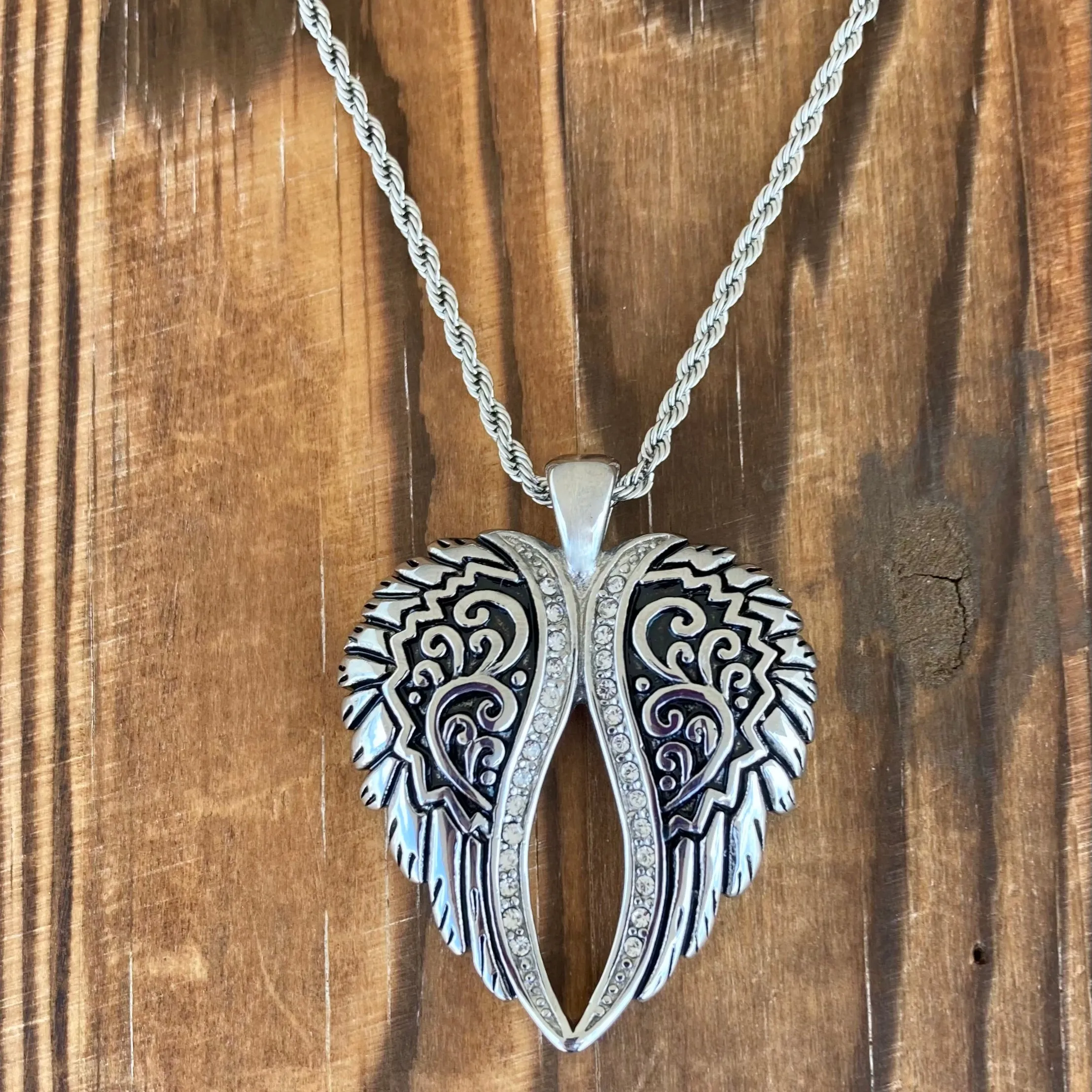 Angel Heart Wings Pendant - Silver Bling Wings - Custom - Rope Necklace - LAP036