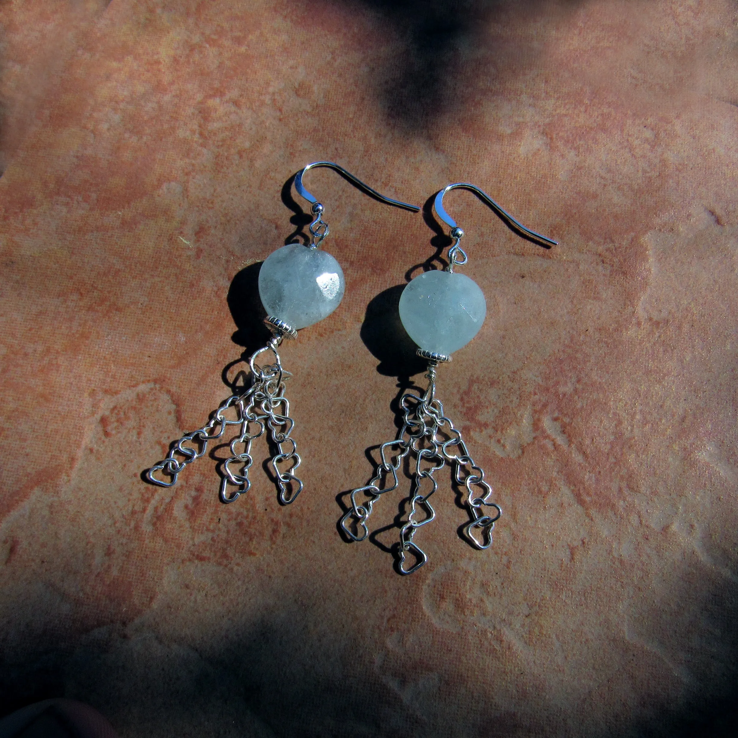 Aquamarine Gemstone Hearts with Sterling Silver Heart Chain Drop Earrings