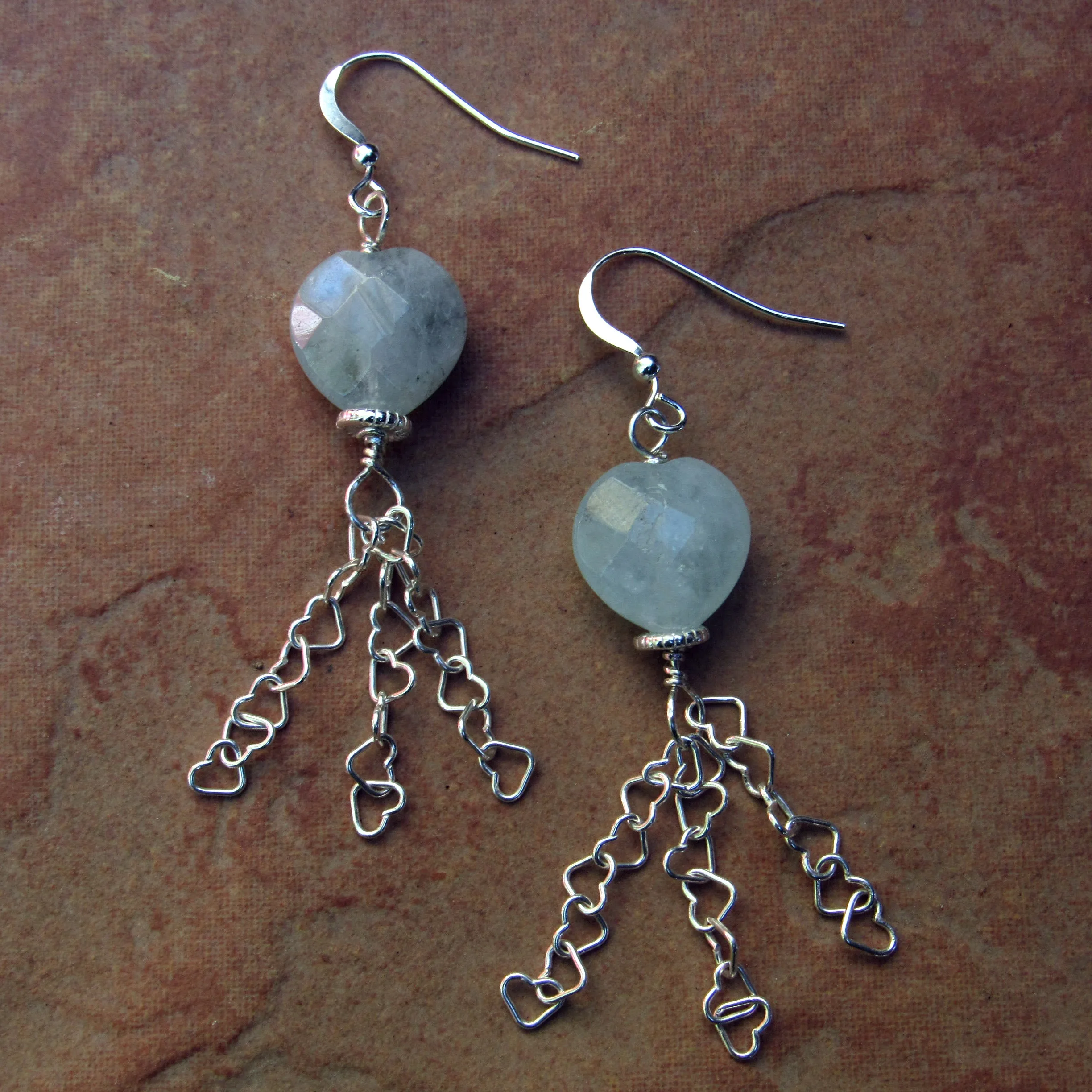 Aquamarine Gemstone Hearts with Sterling Silver Heart Chain Drop Earrings