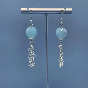 Aquamarine Gemstone Hearts with Sterling Silver Heart Chain Drop Earrings