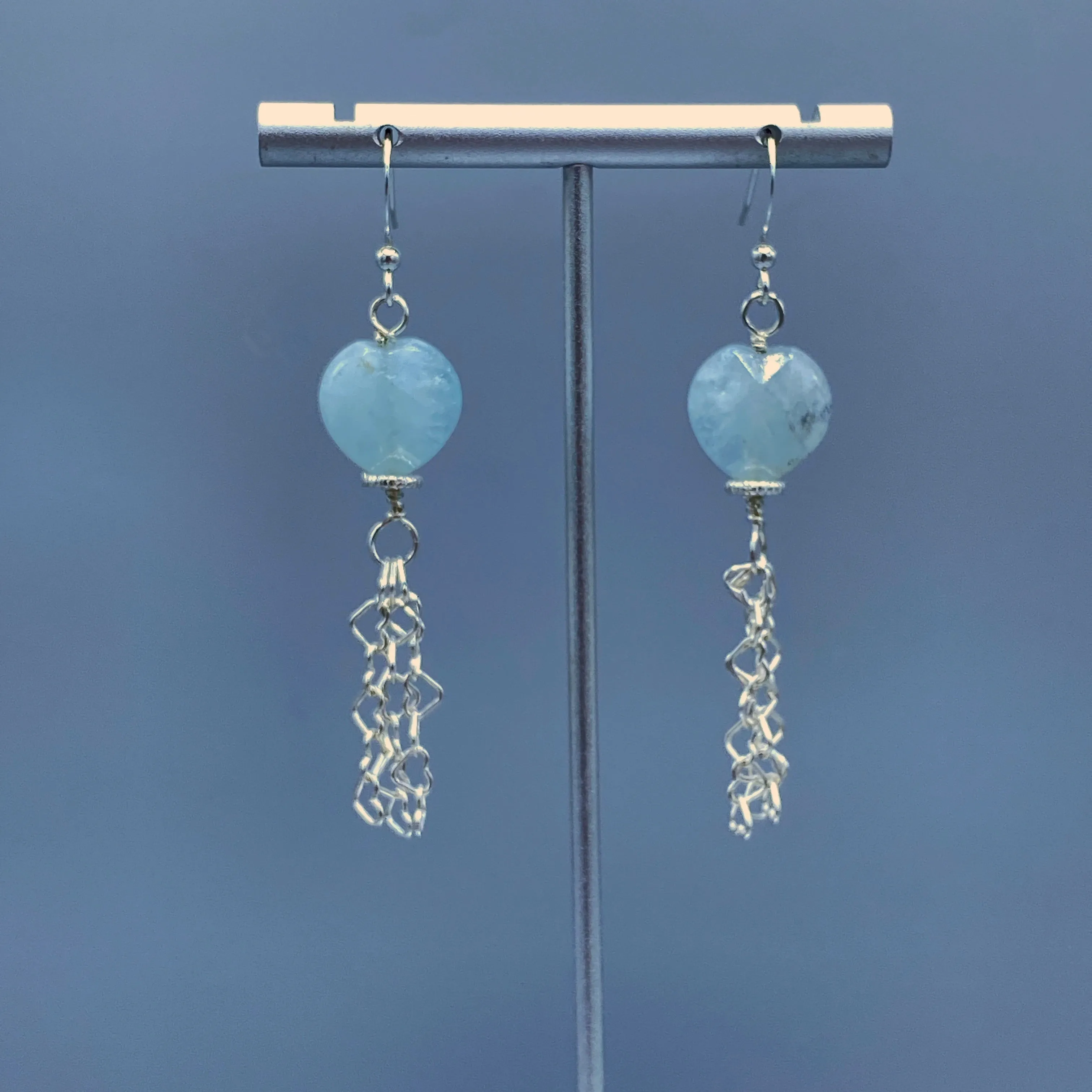 Aquamarine Gemstone Hearts with Sterling Silver Heart Chain Drop Earrings