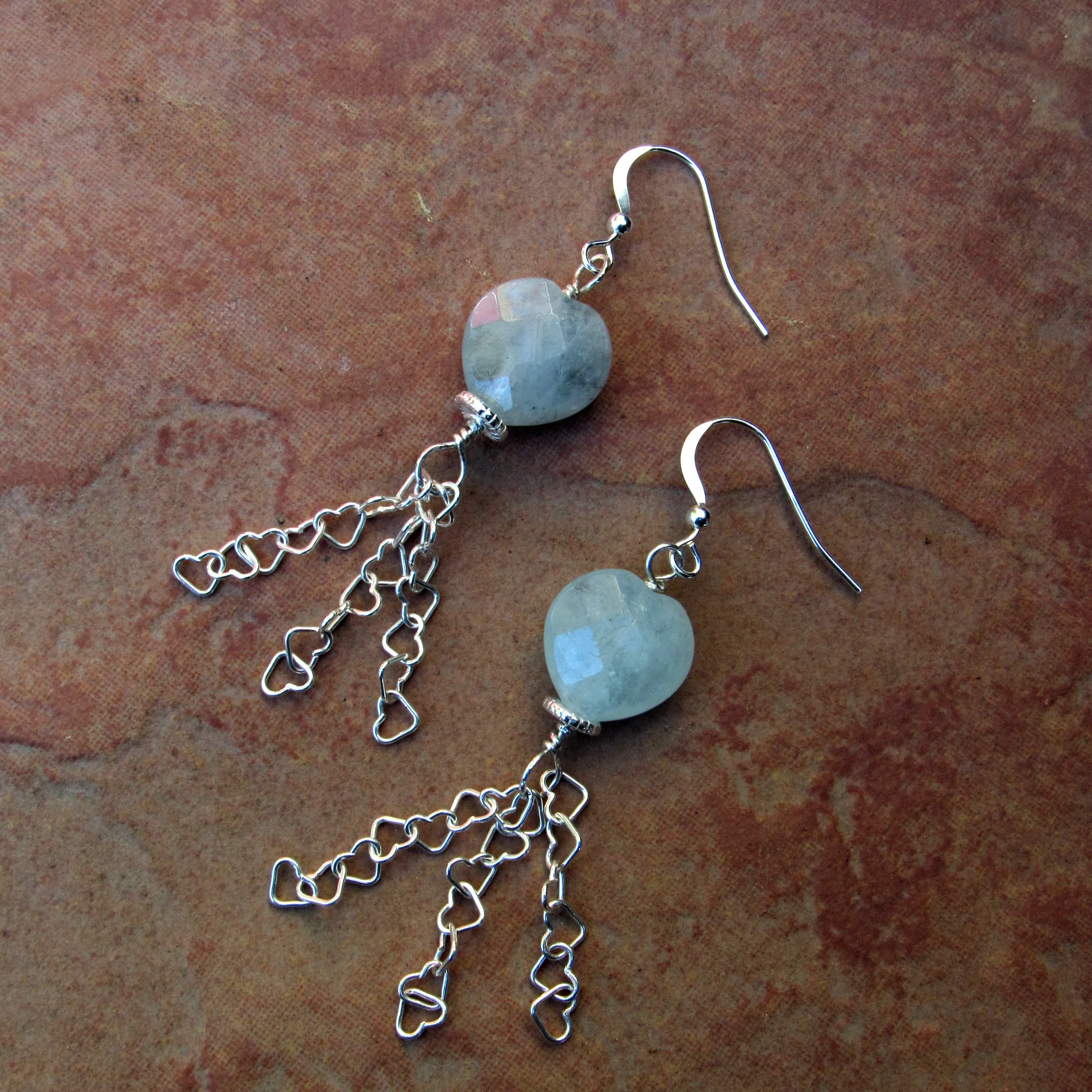 Aquamarine Gemstone Hearts with Sterling Silver Heart Chain Drop Earrings