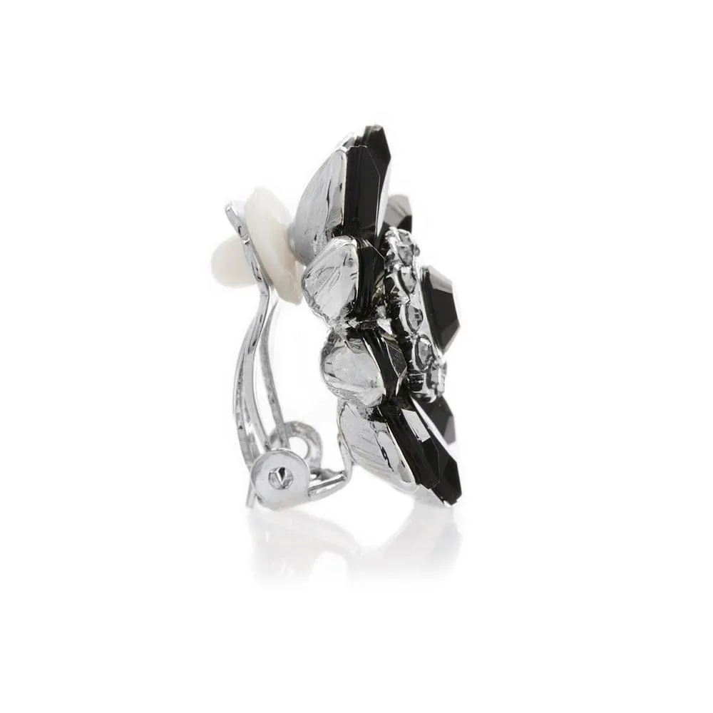 Audrey Hepburn Inspired Clip on Earrings: Black Flower & Crystal Clip On Earrings