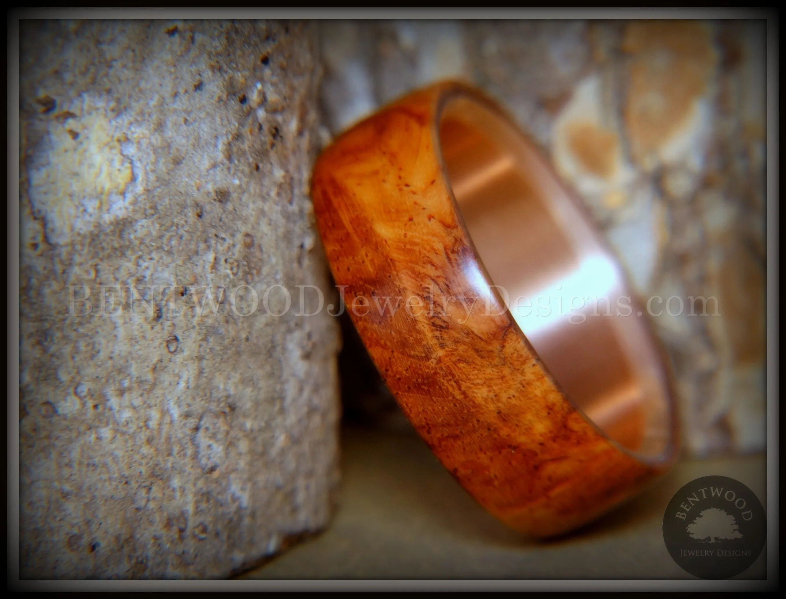 Bentwood Ring - Rarity Amboyna Burl Wood Ring with Copper Steel Comfort Fit Metal Core