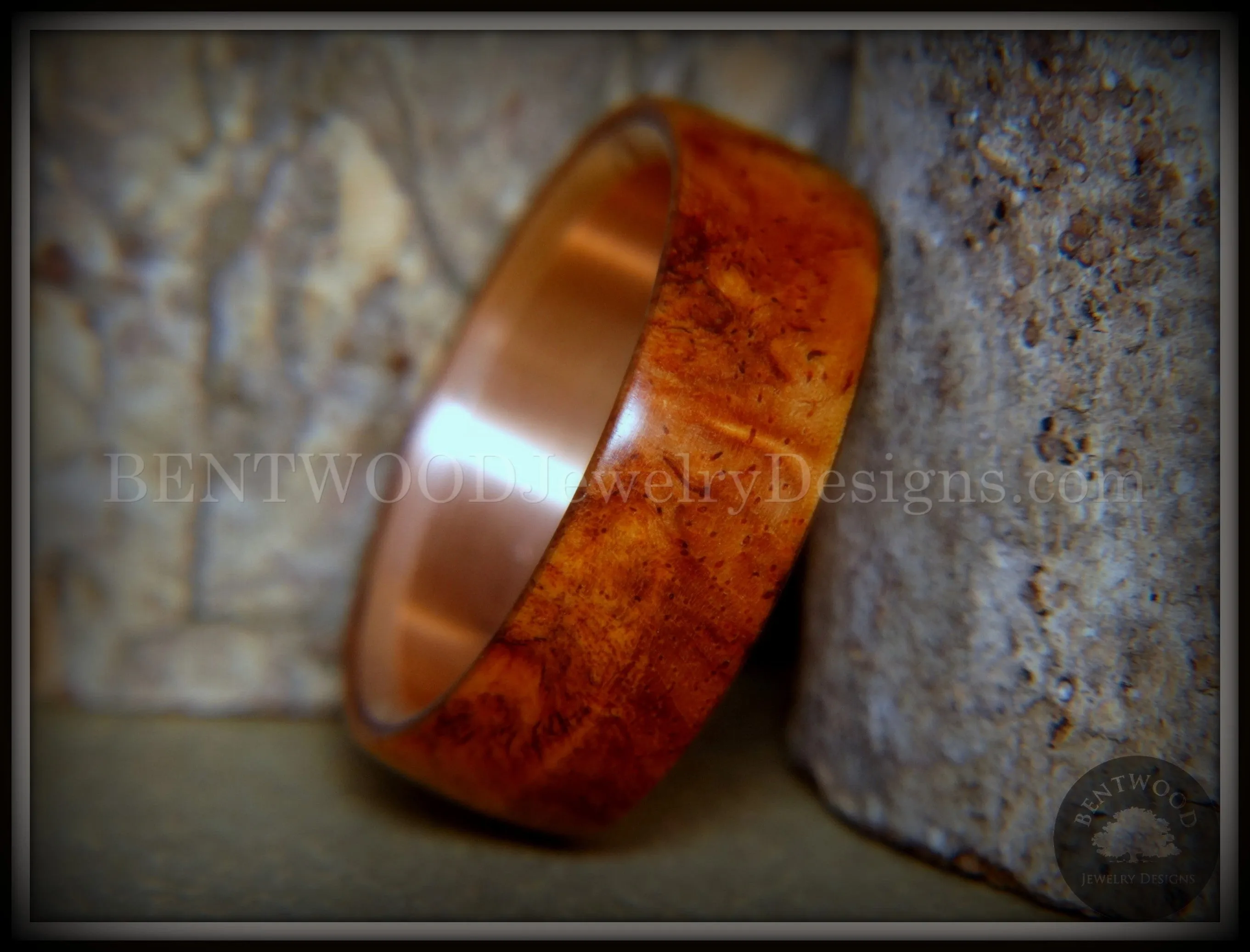 Bentwood Ring - Rarity Amboyna Burl Wood Ring with Copper Steel Comfort Fit Metal Core