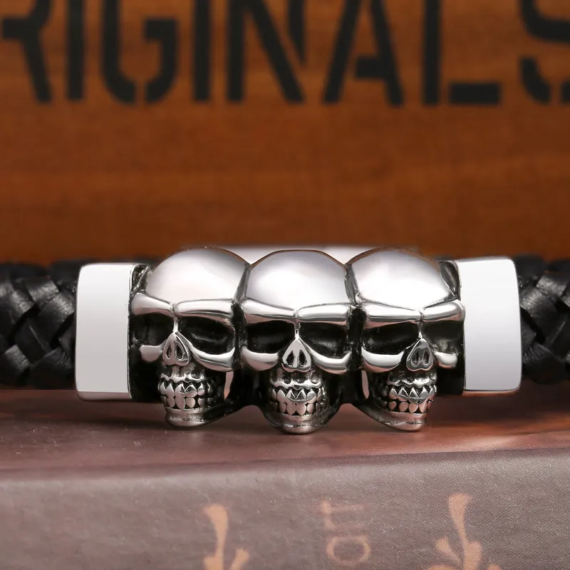 Black Leather Stainless Steel Multiple Skulls Bracelet