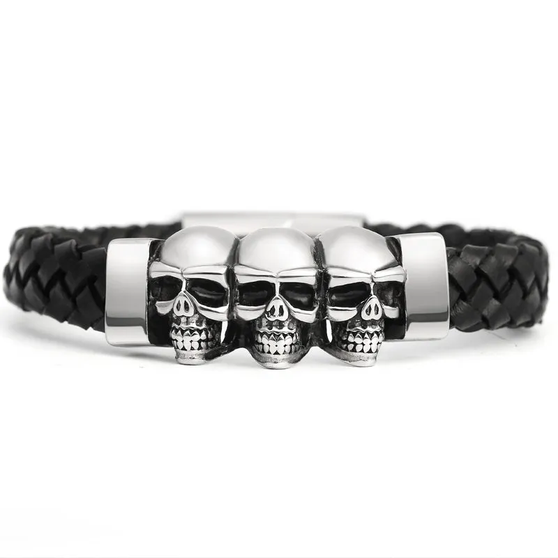 Black Leather Stainless Steel Multiple Skulls Bracelet