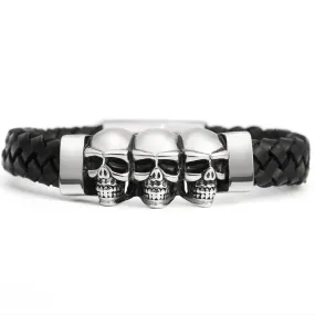 Black Leather Stainless Steel Multiple Skulls Bracelet