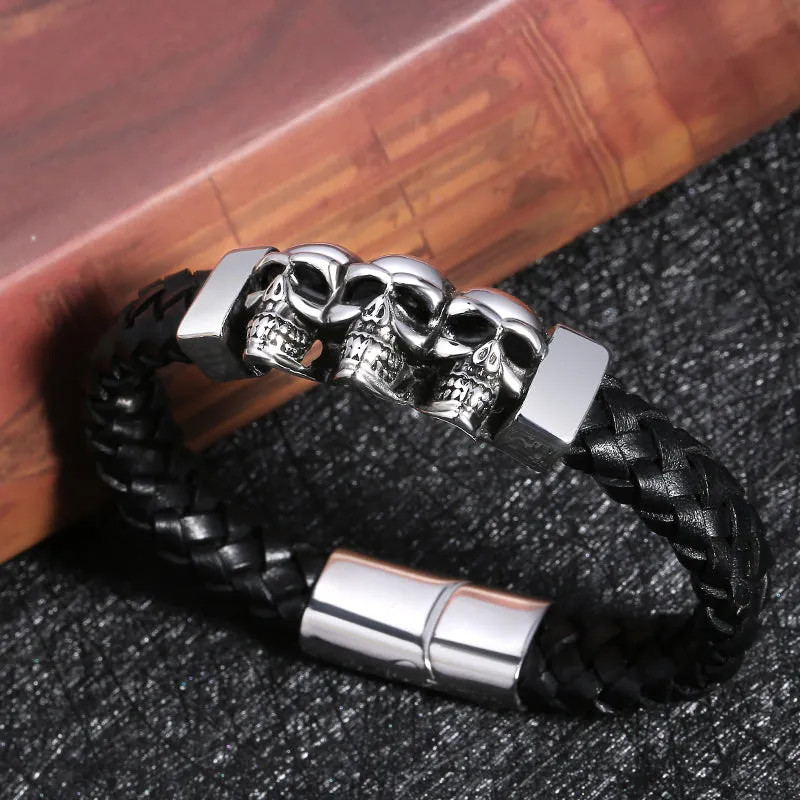 Black Leather Stainless Steel Multiple Skulls Bracelet