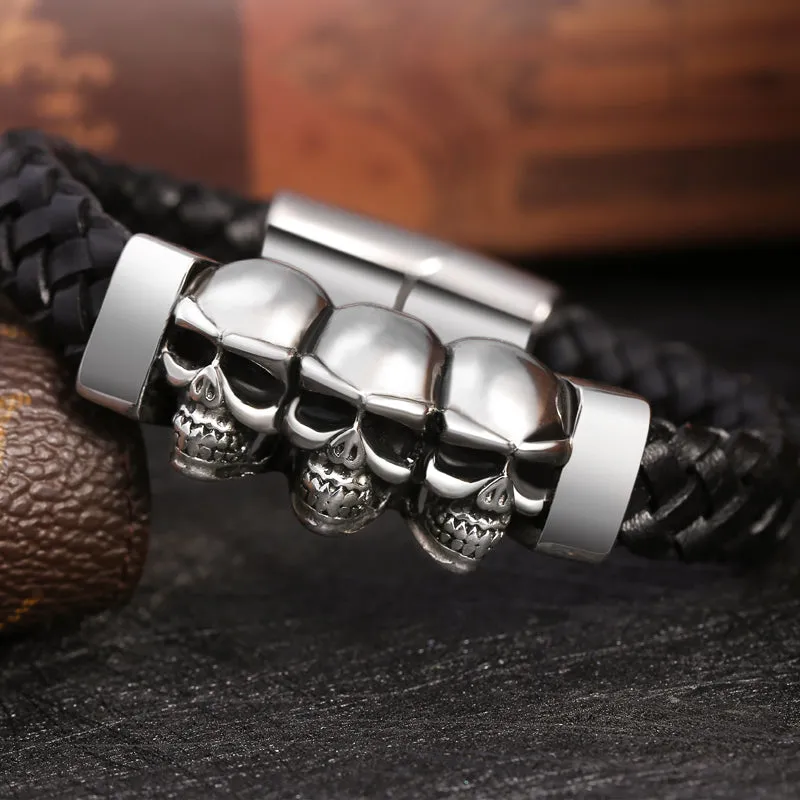 Black Leather Stainless Steel Multiple Skulls Bracelet