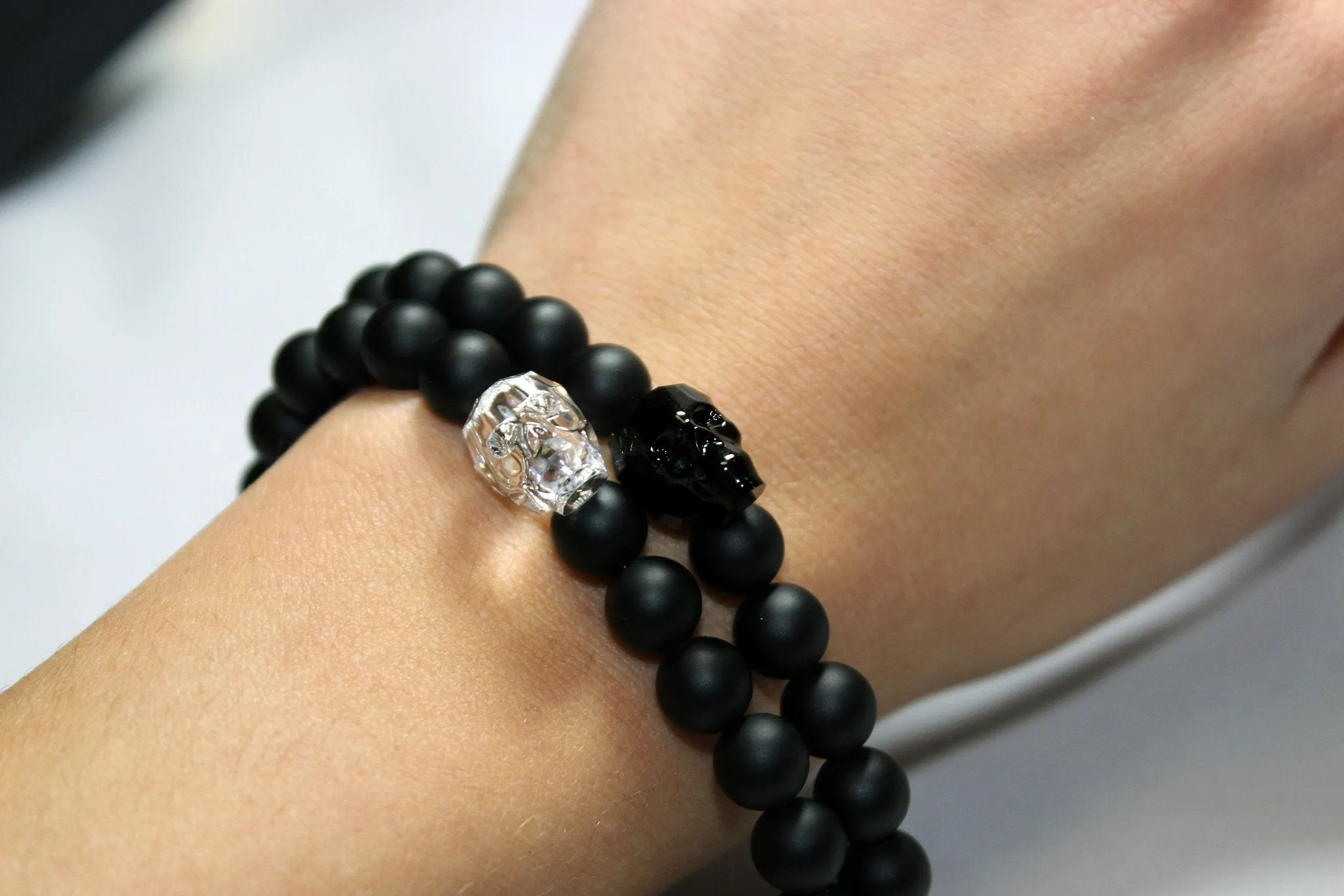 Black Onyx Bead Bracelet with Swarovski Crystal Skulls- UDINC0440