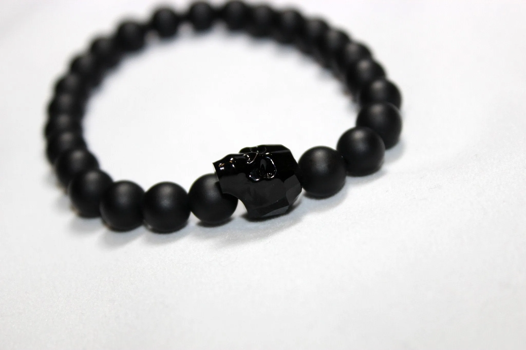 Black Onyx Bead Bracelet with Swarovski Crystal Skulls- UDINC0440