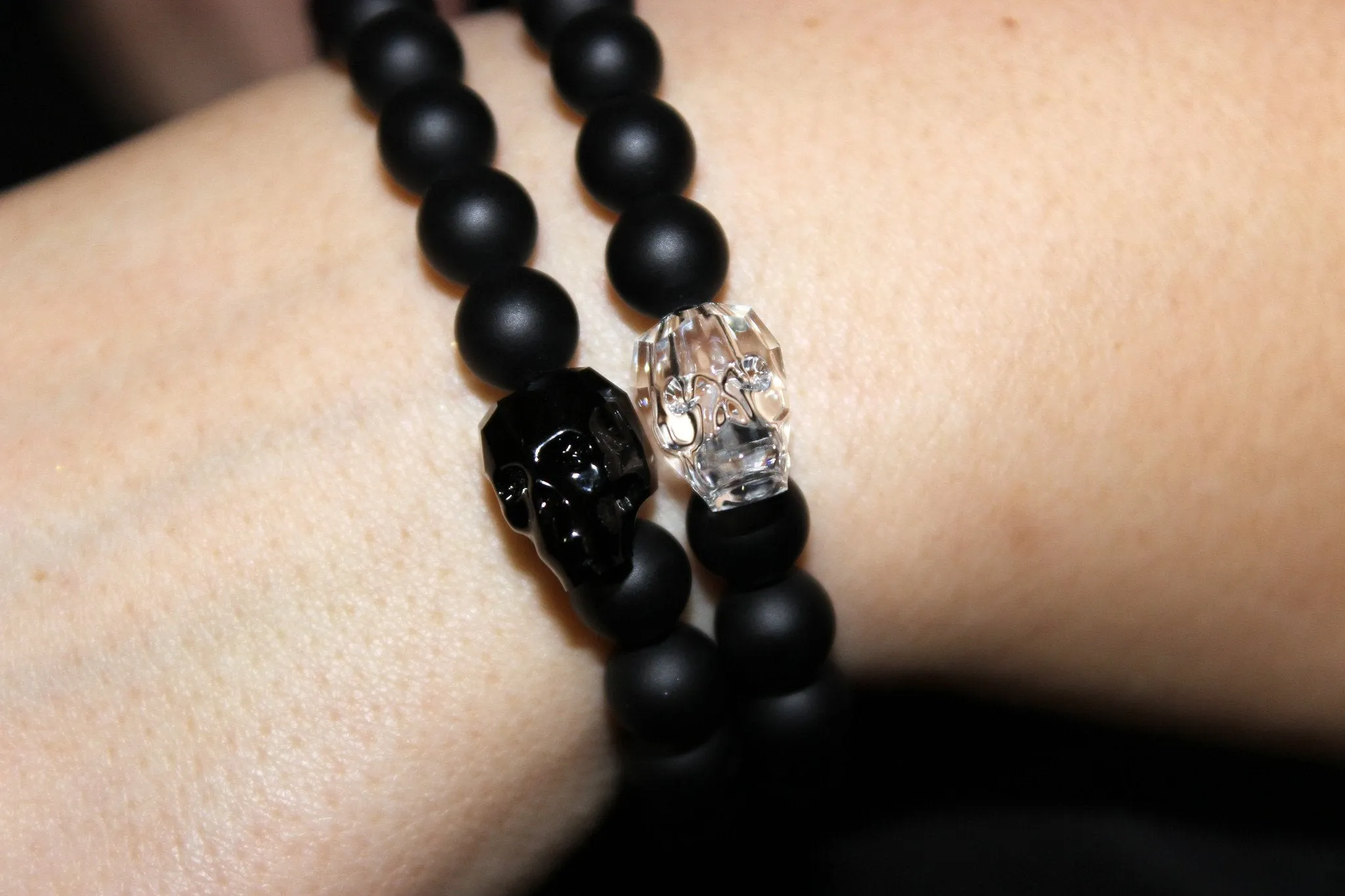 Black Onyx Bead Bracelet with Swarovski Crystal Skulls- UDINC0440