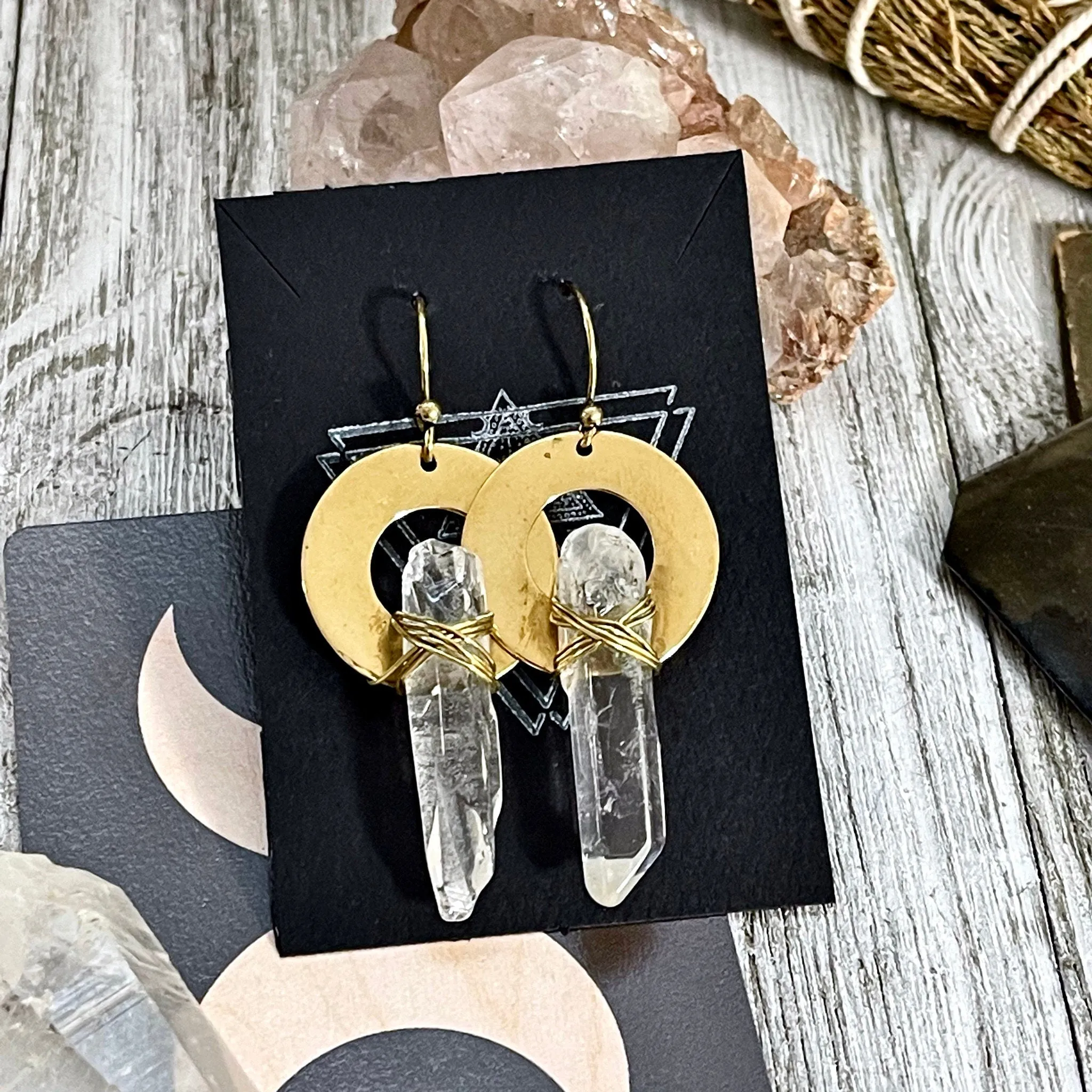 Brass Drop Earrings with Natural Clear Quartz Crystals