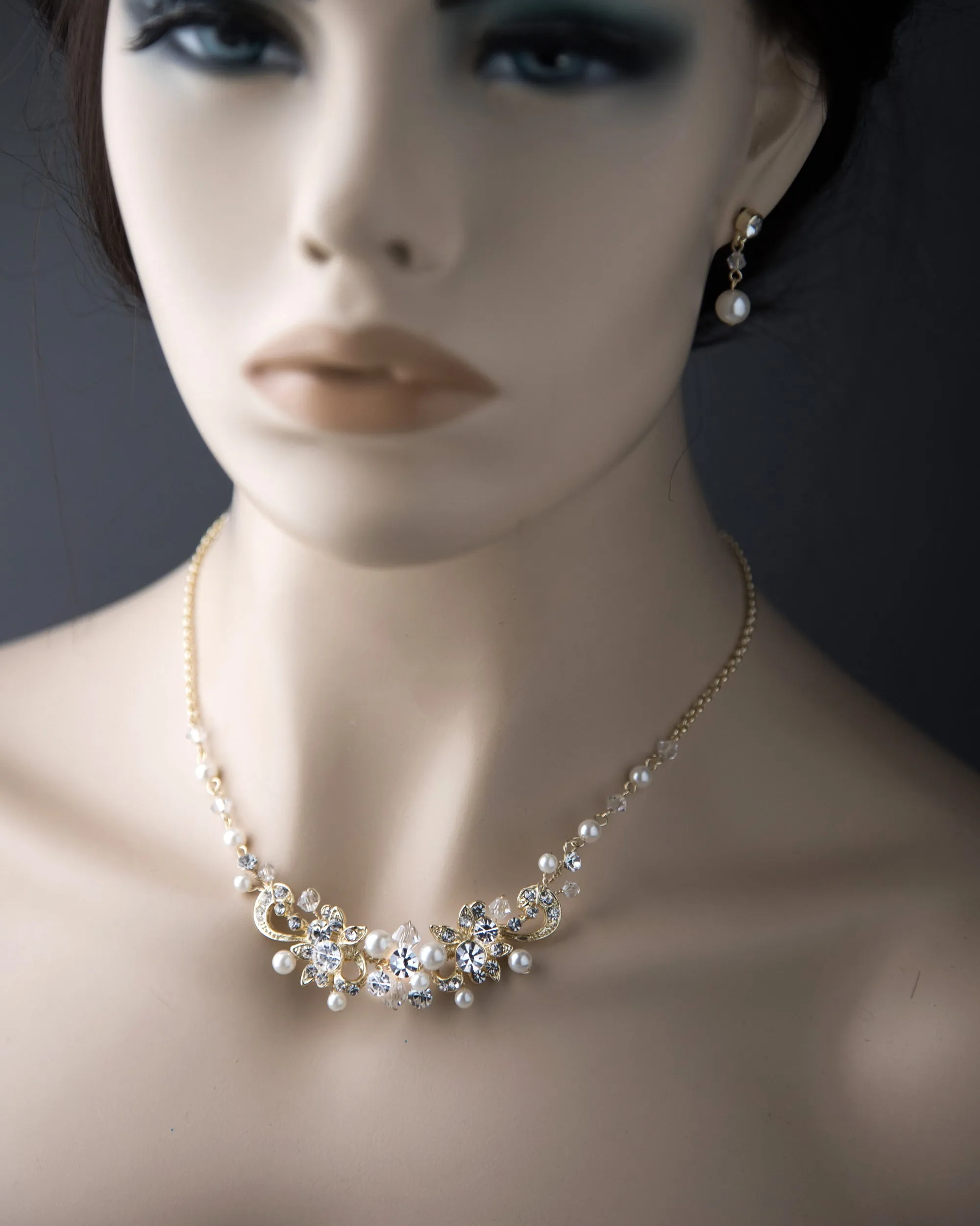 Bridal Necklace Set Of Floral Crystals and Ivory Pearls