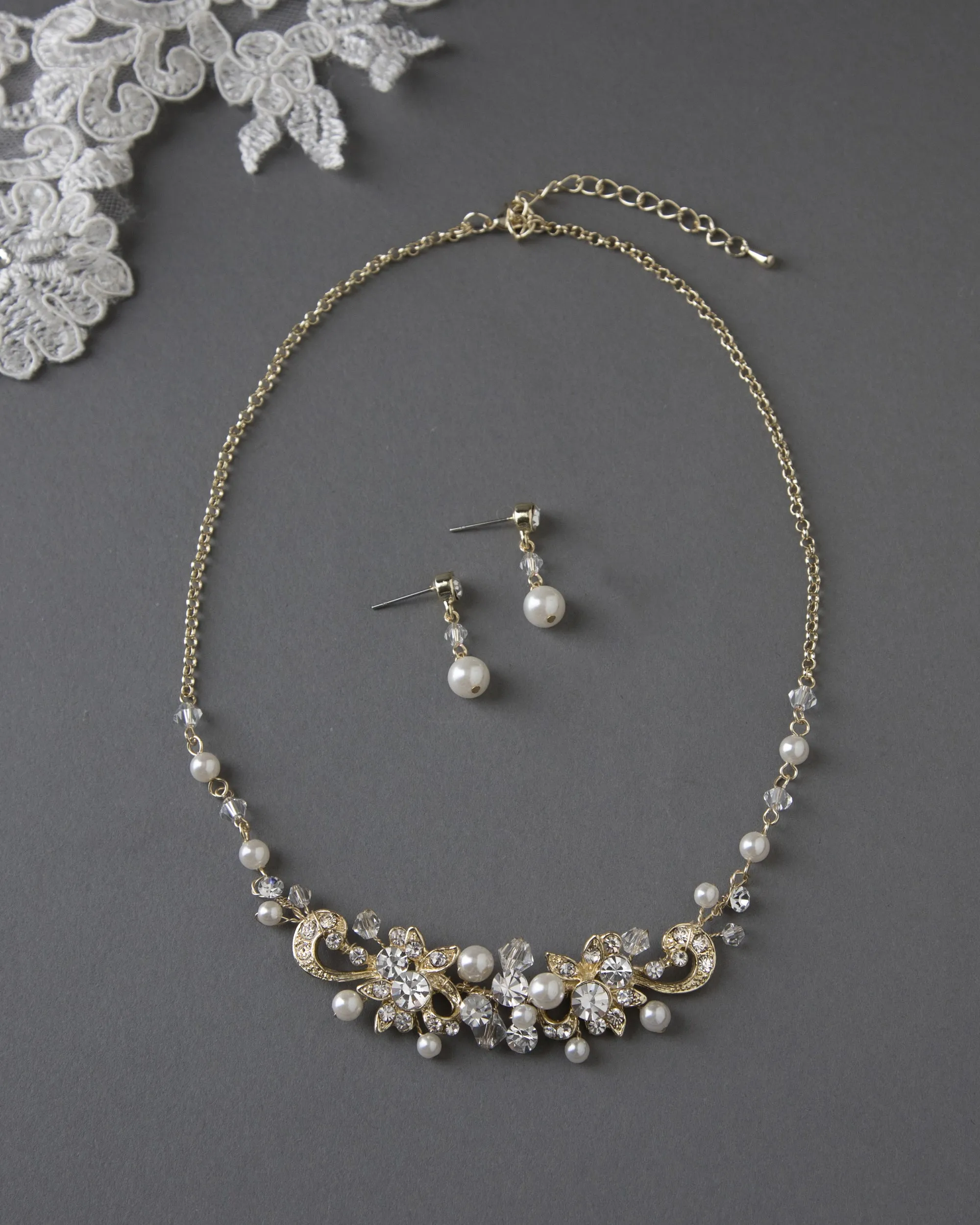 Bridal Necklace Set Of Floral Crystals and Ivory Pearls