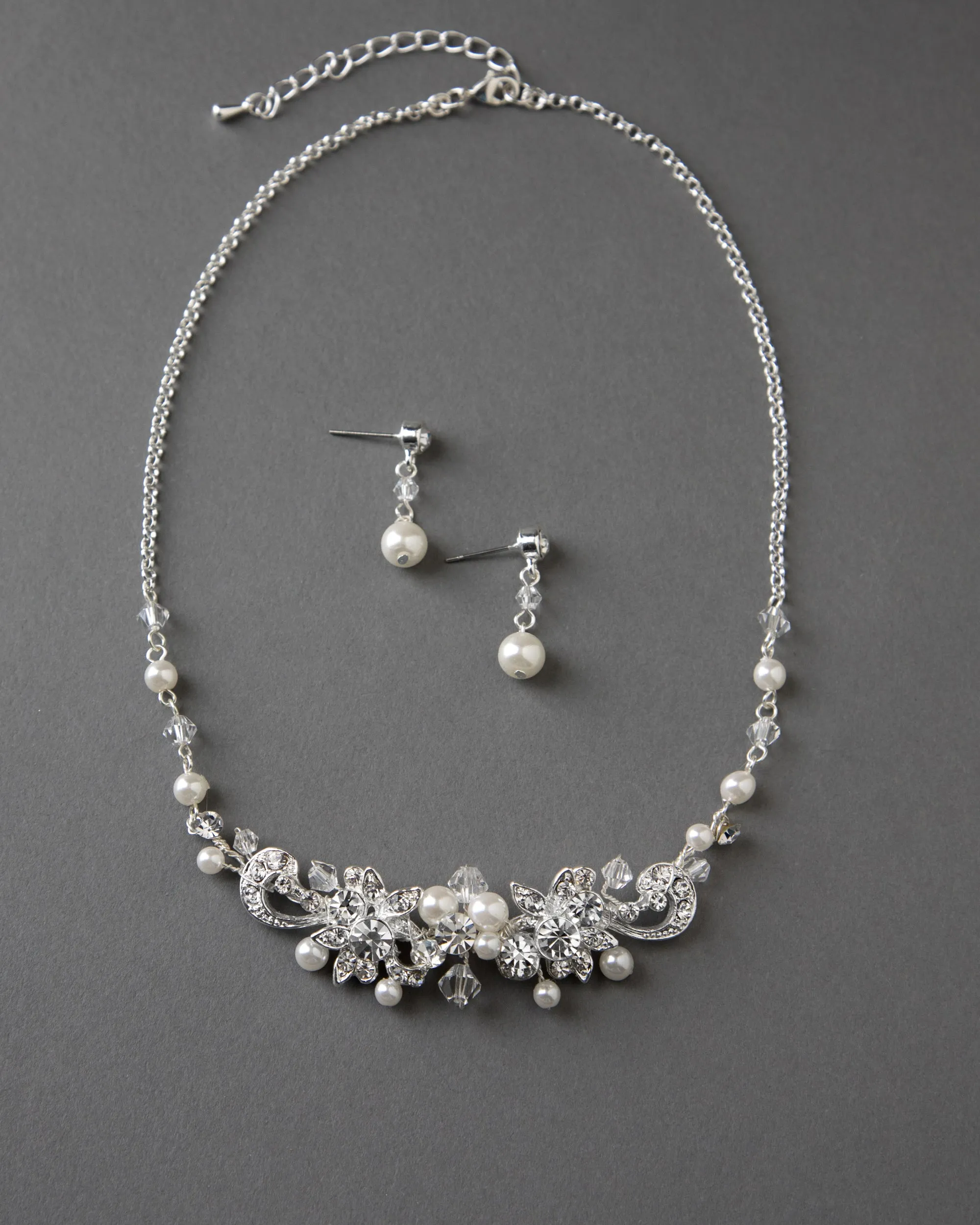 Bridal Necklace Set Of Floral Crystals and Ivory Pearls