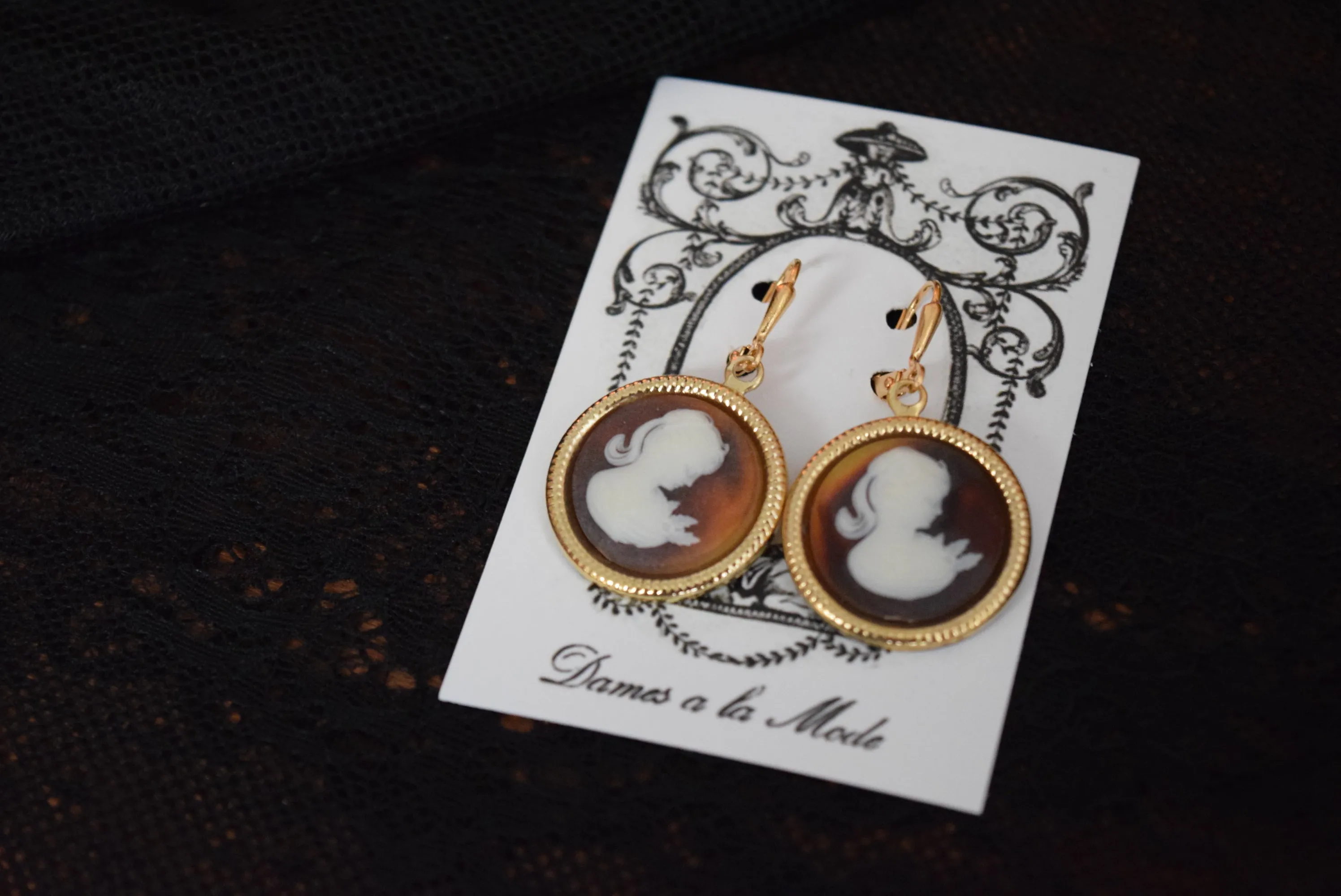 Cameo Earrings - Tortoise Shell and White Acrylic