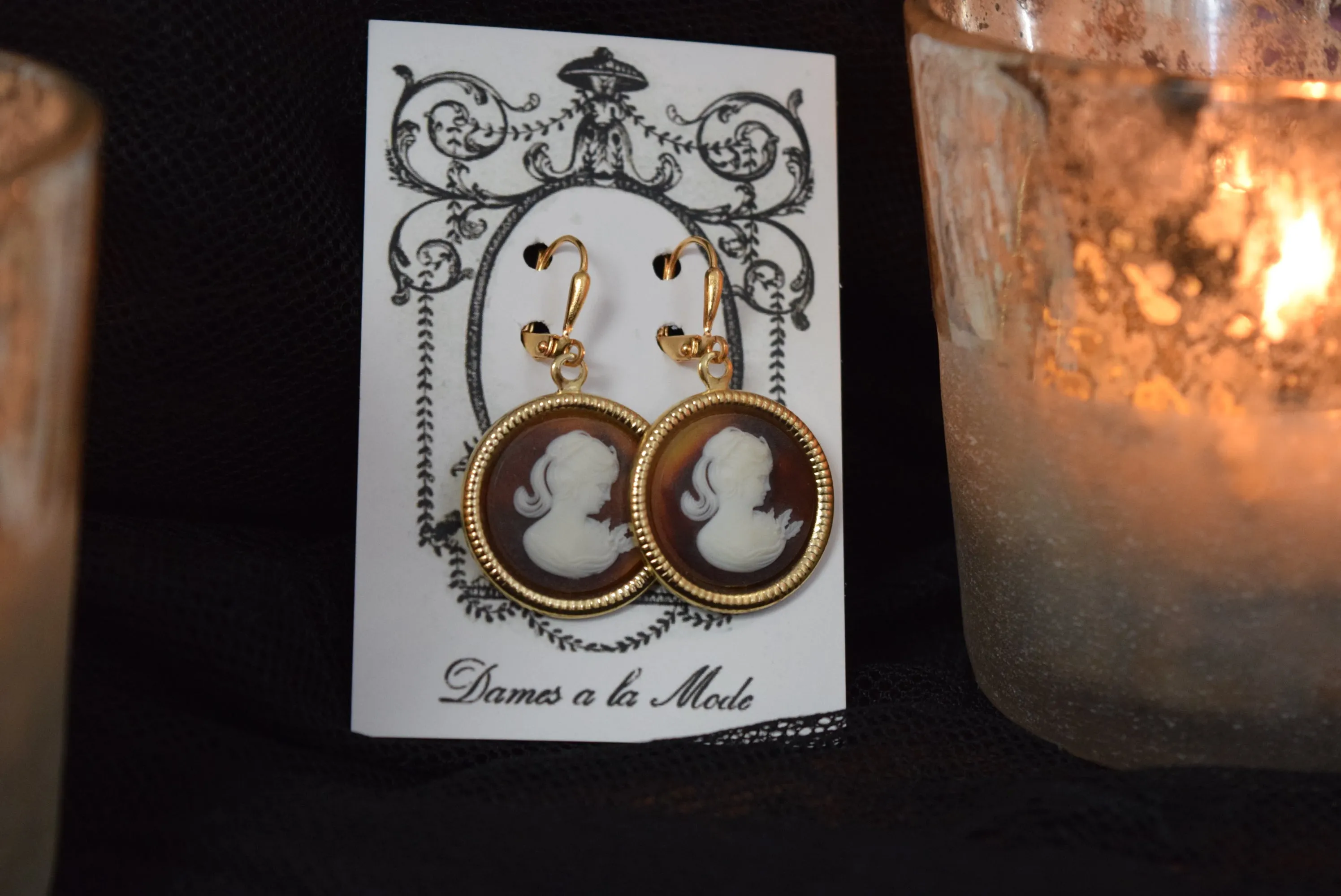 Cameo Earrings - Tortoise Shell and White Acrylic