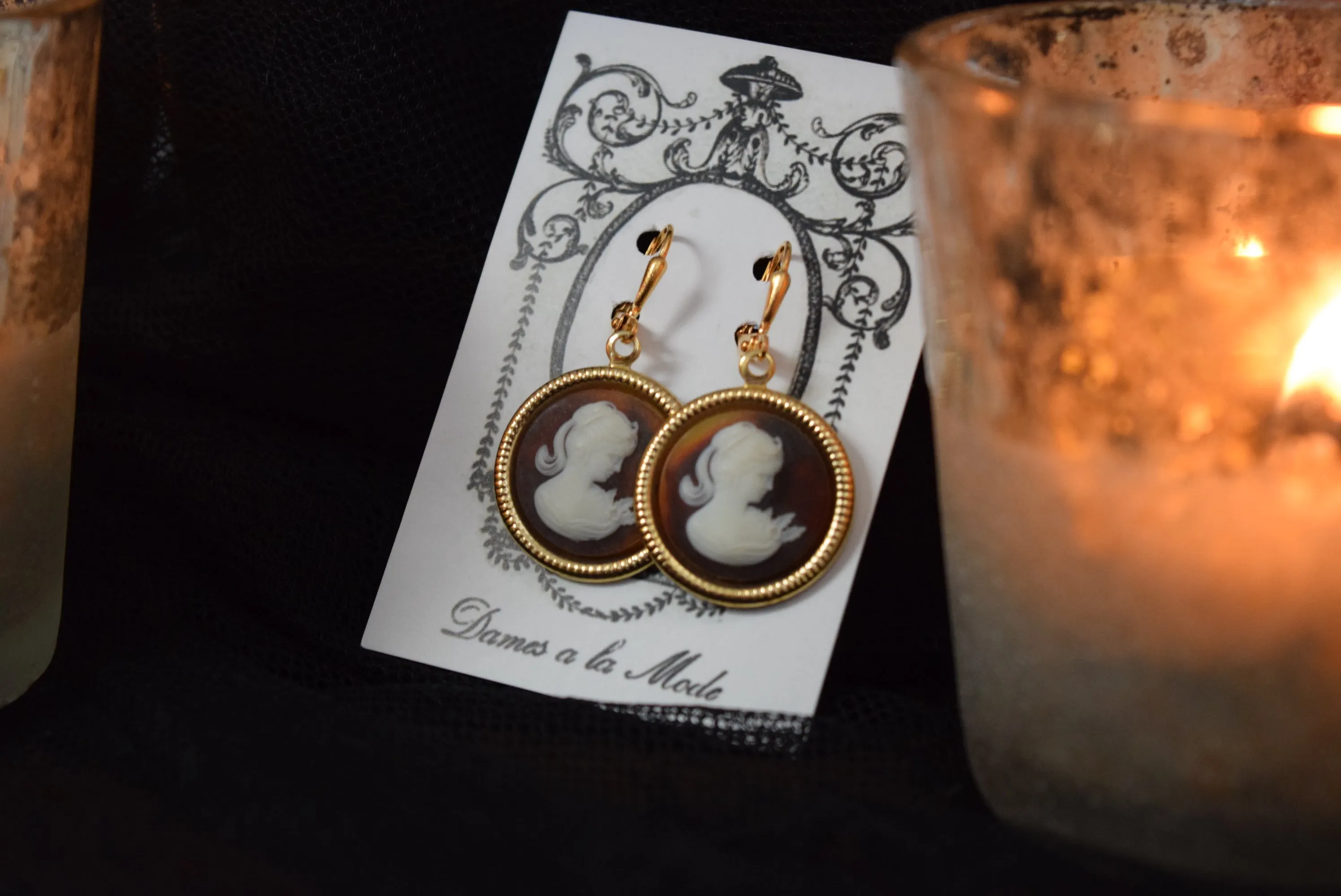 Cameo Earrings - Tortoise Shell and White Acrylic