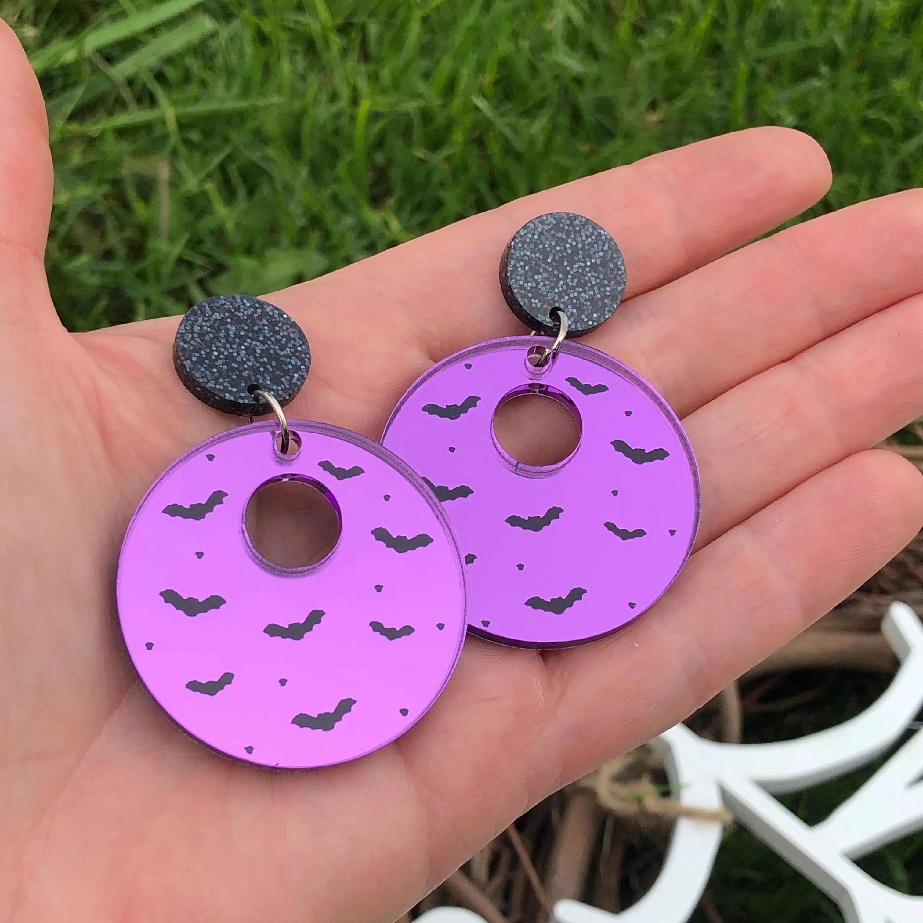 Circle Bat Silhouette Dangle Earrings Purple Mirror