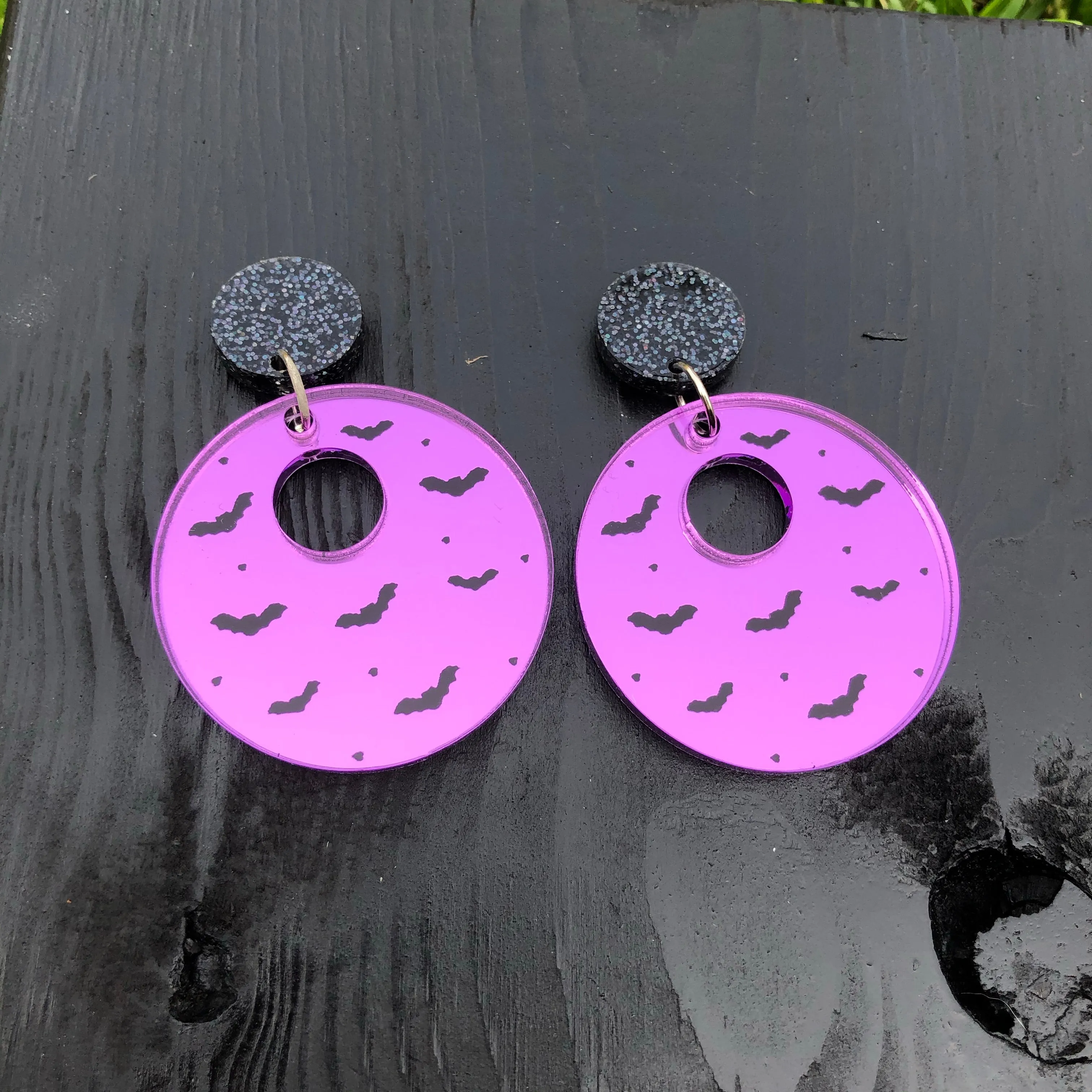 Circle Bat Silhouette Dangle Earrings Purple Mirror