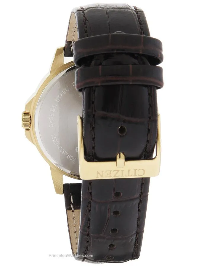 Citizen Quartz Mens Day/Date Strap Watch - Gold-Tone Case - White Dial