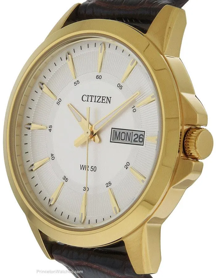 Citizen Quartz Mens Day/Date Strap Watch - Gold-Tone Case - White Dial