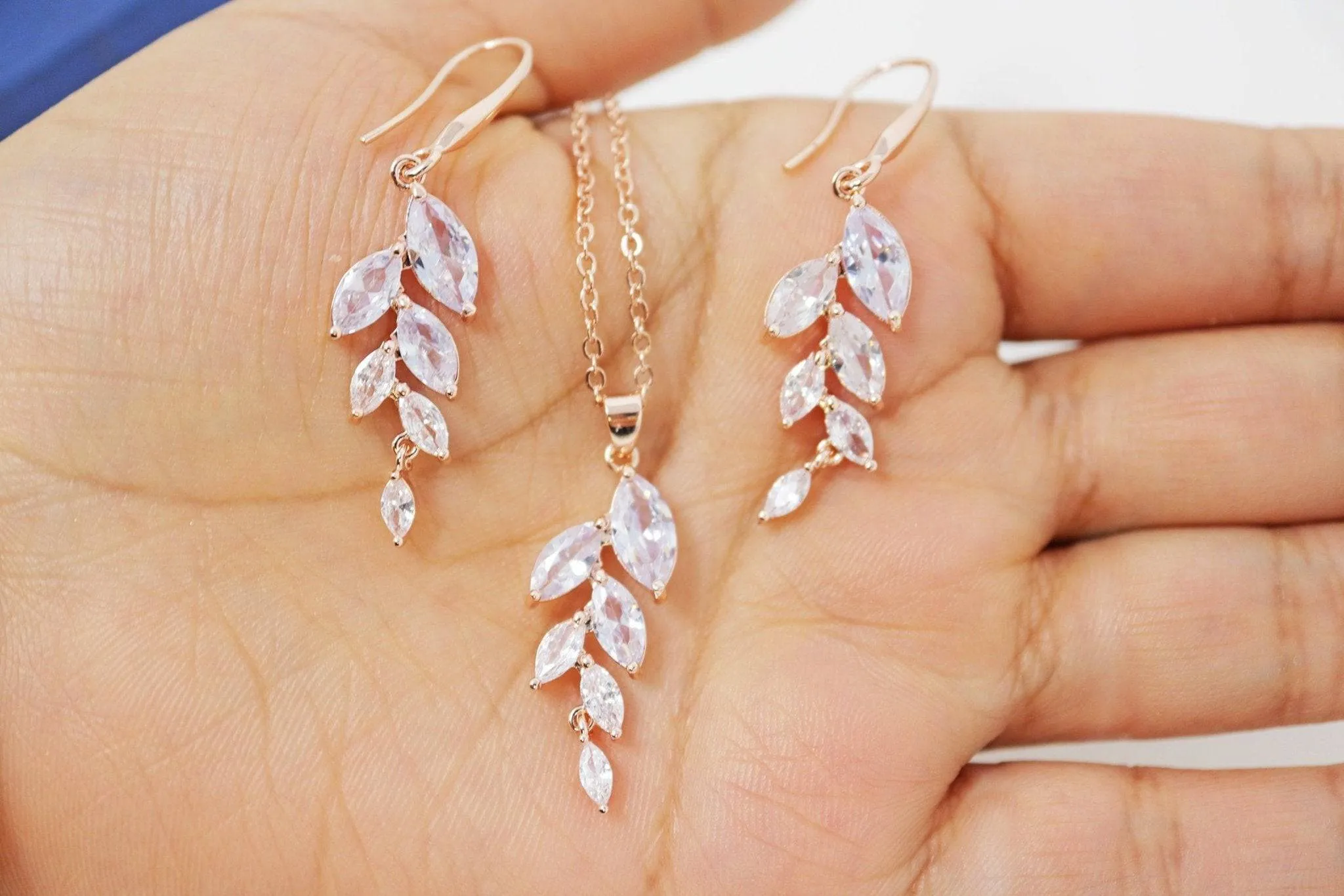 Cubic Zirconia Diamond/ Crystal Leaves, Long Bridal Jewelry, Bridal Earrings And Necklace, Crystal Bridal Earrings, Statement Earrings Cz