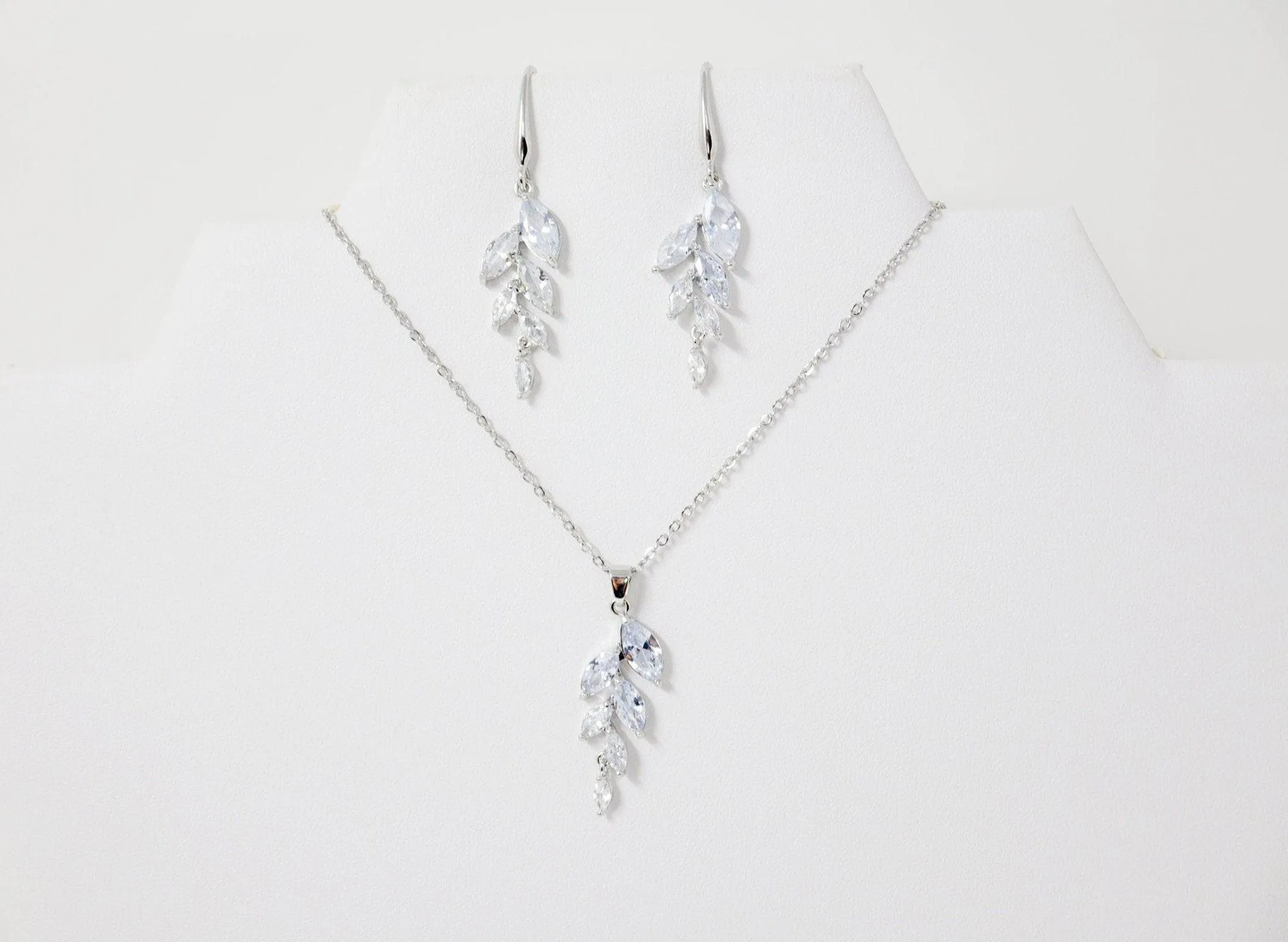 Cubic Zirconia Diamond/ Crystal Leaves, Long Bridal Jewelry, Bridal Earrings And Necklace, Crystal Bridal Earrings, Statement Earrings Cz