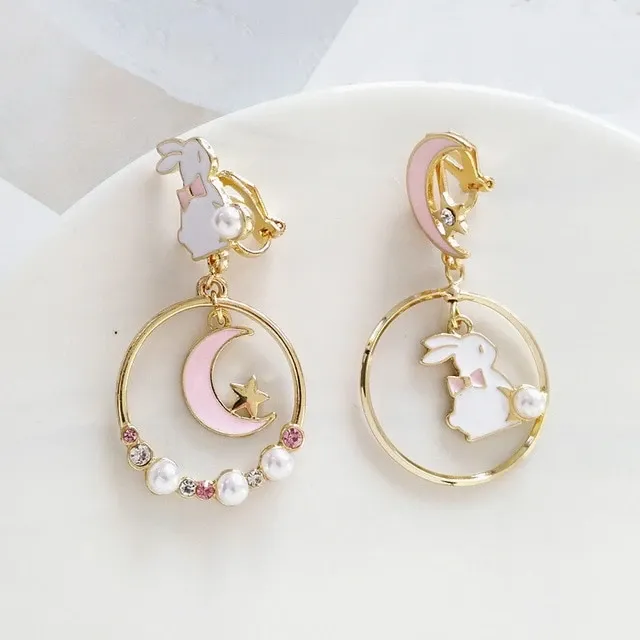 Cute Moon And Rabbit Pearl Beads Earrings Ear Clip AD11901