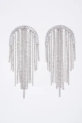 Delilah Crystal Rhinestone Arched Tassel Drop Earrings - Silver